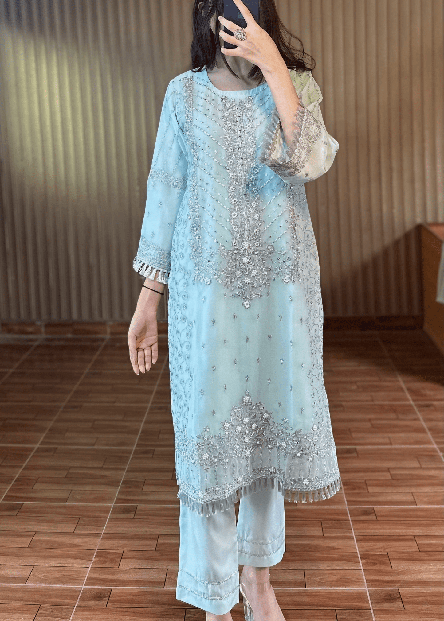 Celeste Luxe – Ice Blue Embroidered Chiffon Ensemble - Qalbi Loom