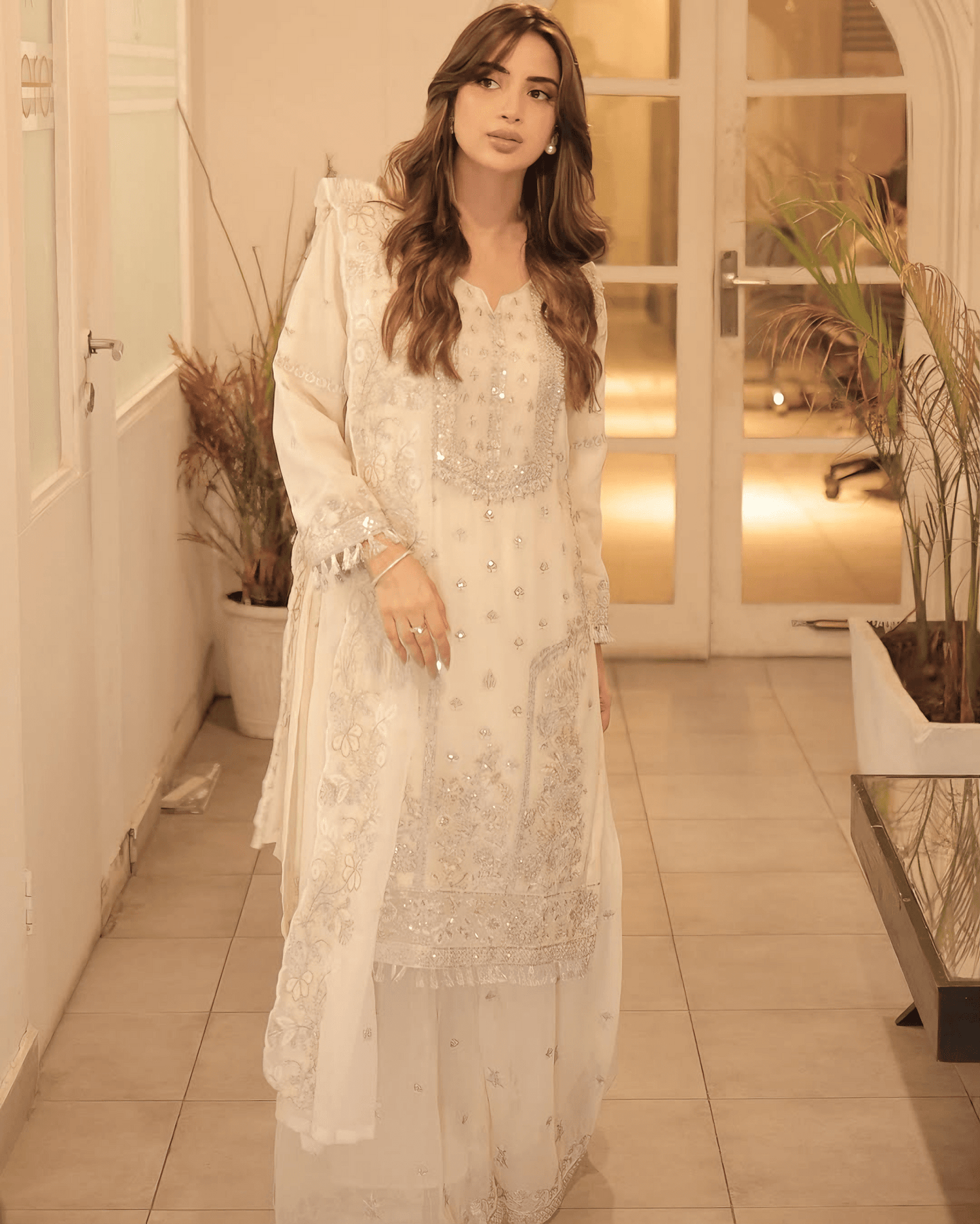 Elegant Noor – Embroidered Cream Chiffon Set - Qalbi Loom