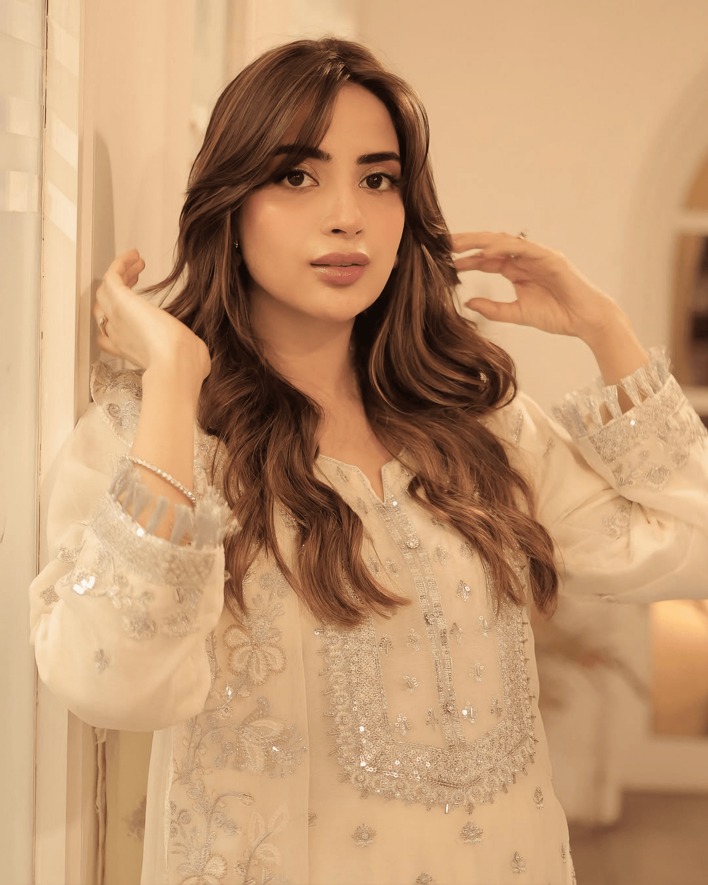 Elegant Noor – Embroidered Cream Chiffon Set - Qalbi Loom