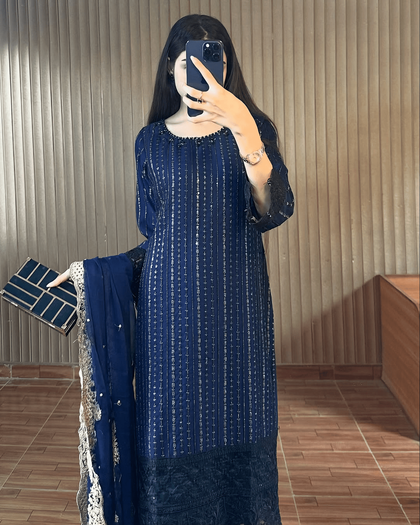 Midnight Elegance – Navy Blue Embroidered Kurta Set - Qalbi Loom