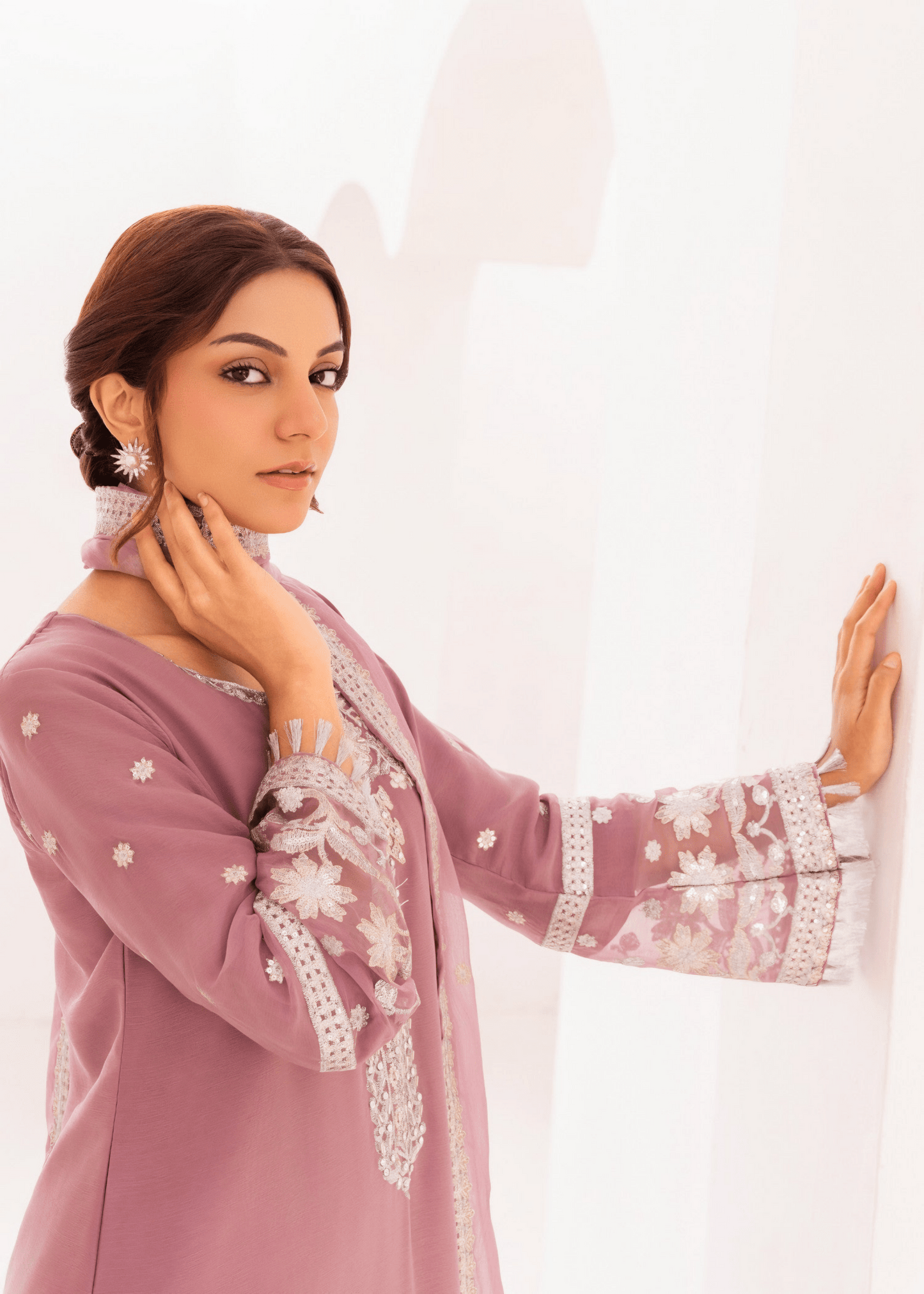 Noor Jahan – Embroidered Mauve Chiffon Set - Qalbi Loom