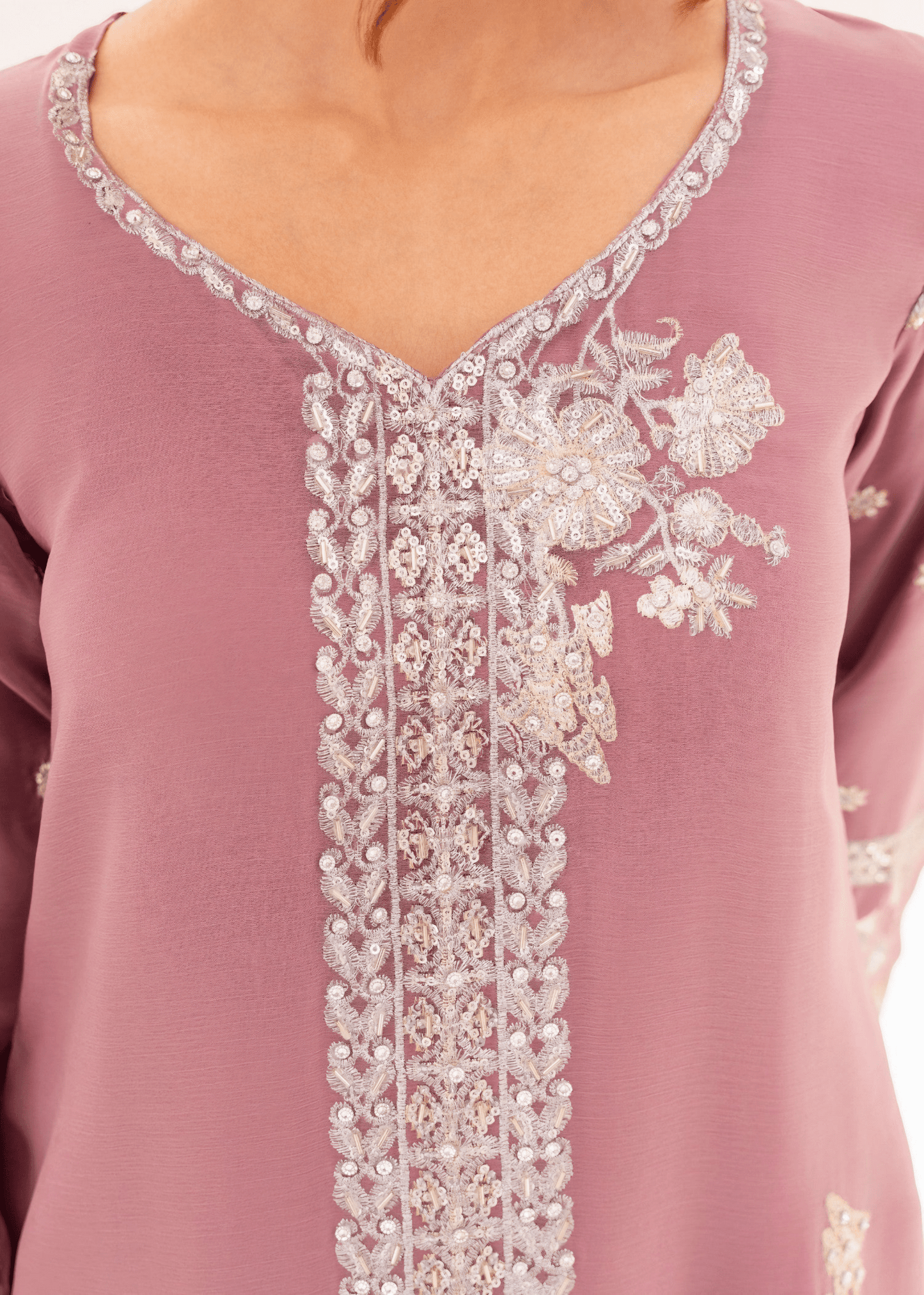 Noor Jahan – Embroidered Mauve Chiffon Set - Qalbi Loom