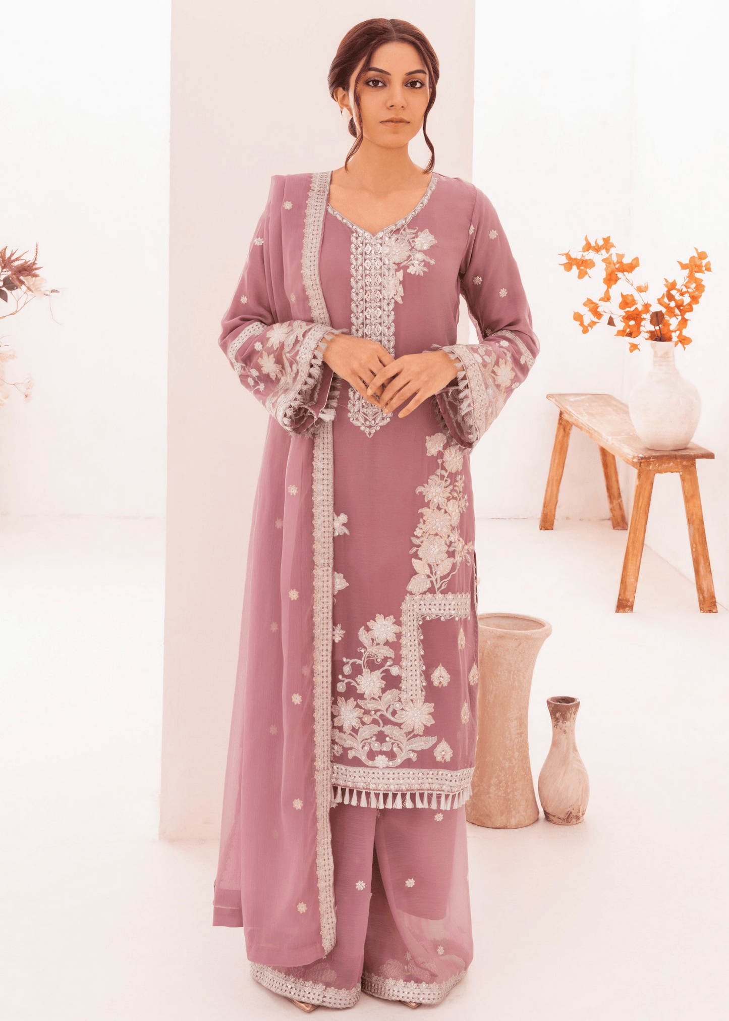 Noor Jahan – Embroidered Mauve Chiffon Set - Qalbi Loom