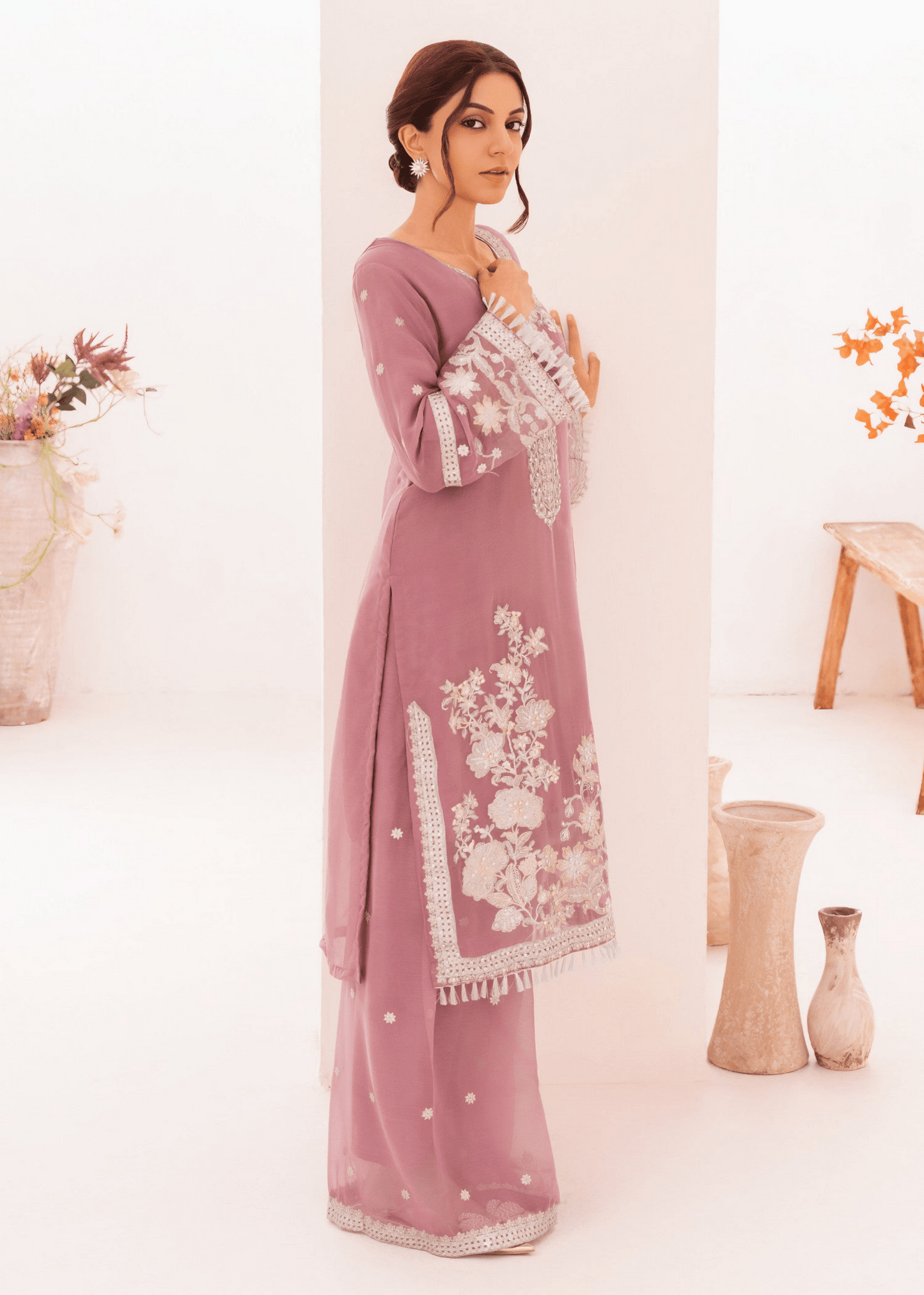 Noor Jahan – Embroidered Mauve Chiffon Set - Qalbi Loom