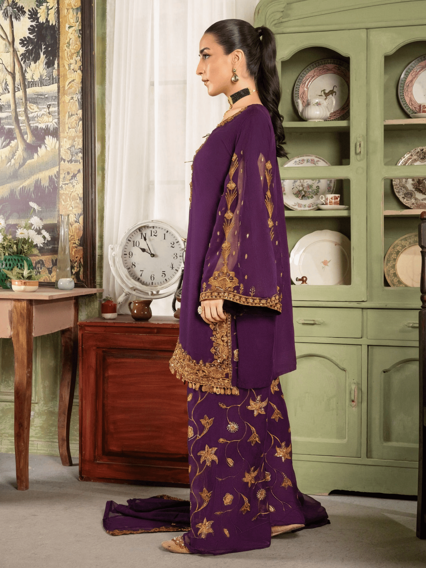 Zarish – Royal Purple Embroidered Chiffon Ensemble - Qalbi Loom