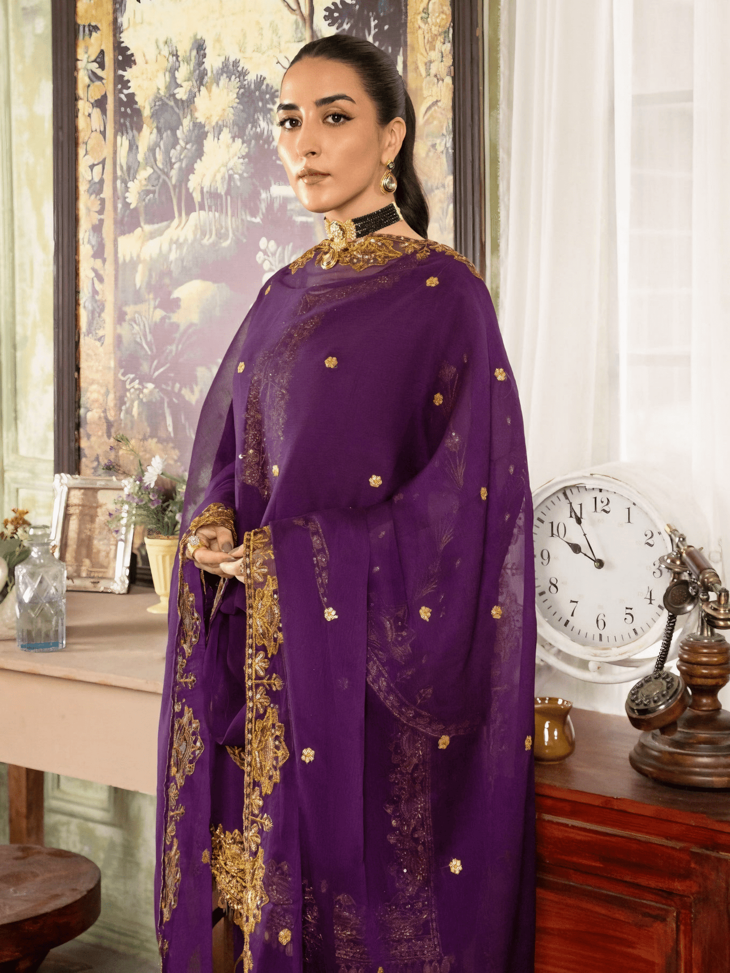 Zarish – Royal Purple Embroidered Chiffon Ensemble - Qalbi Loom