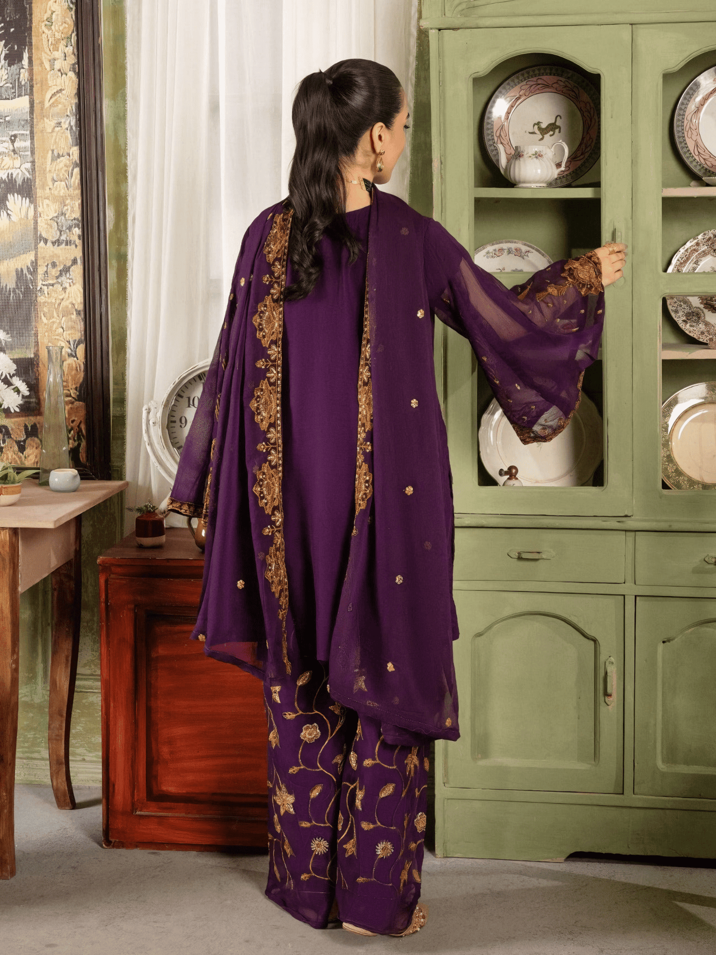 Zarish – Royal Purple Embroidered Chiffon Ensemble - Qalbi Loom
