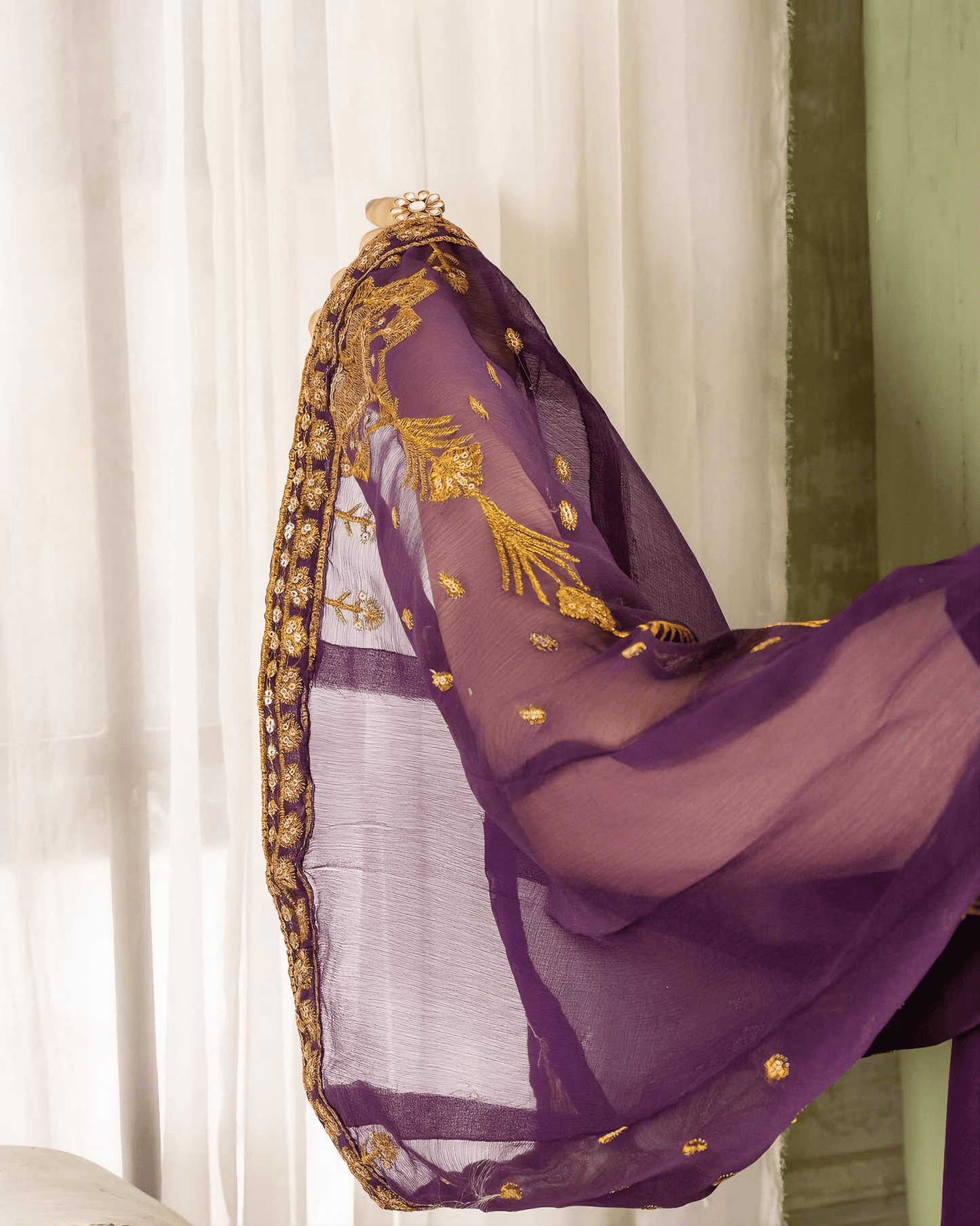 Zarish – Royal Purple Embroidered Chiffon Ensemble - Qalbi Loom
