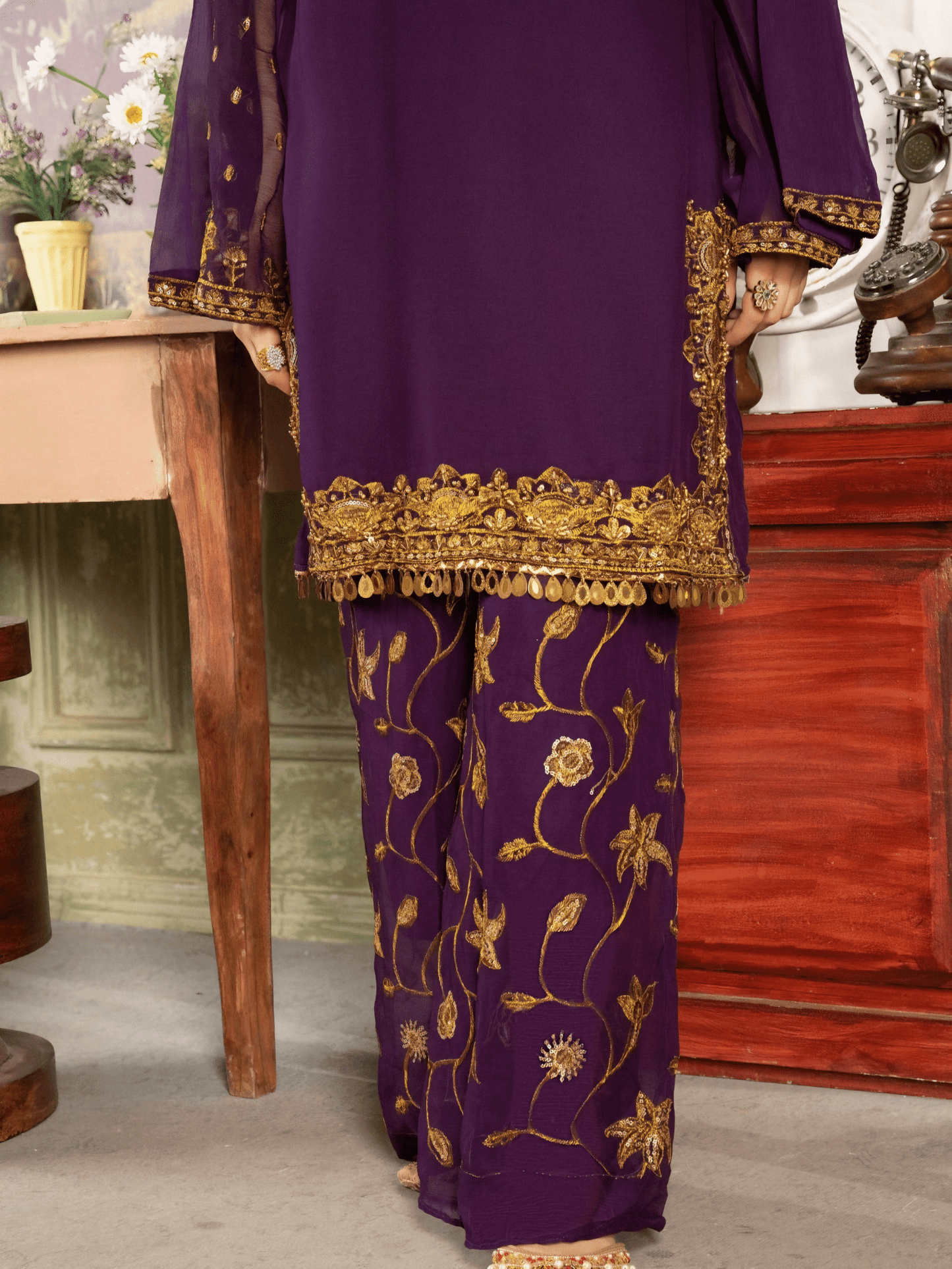 Zarish – Royal Purple Embroidered Chiffon Ensemble - Qalbi Loom