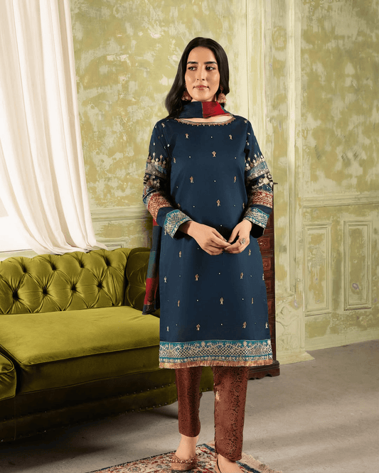 Afreen – Navy Blue Banarasi & Khaddi Net Embroidered Ensemble - Qalbi Loom
