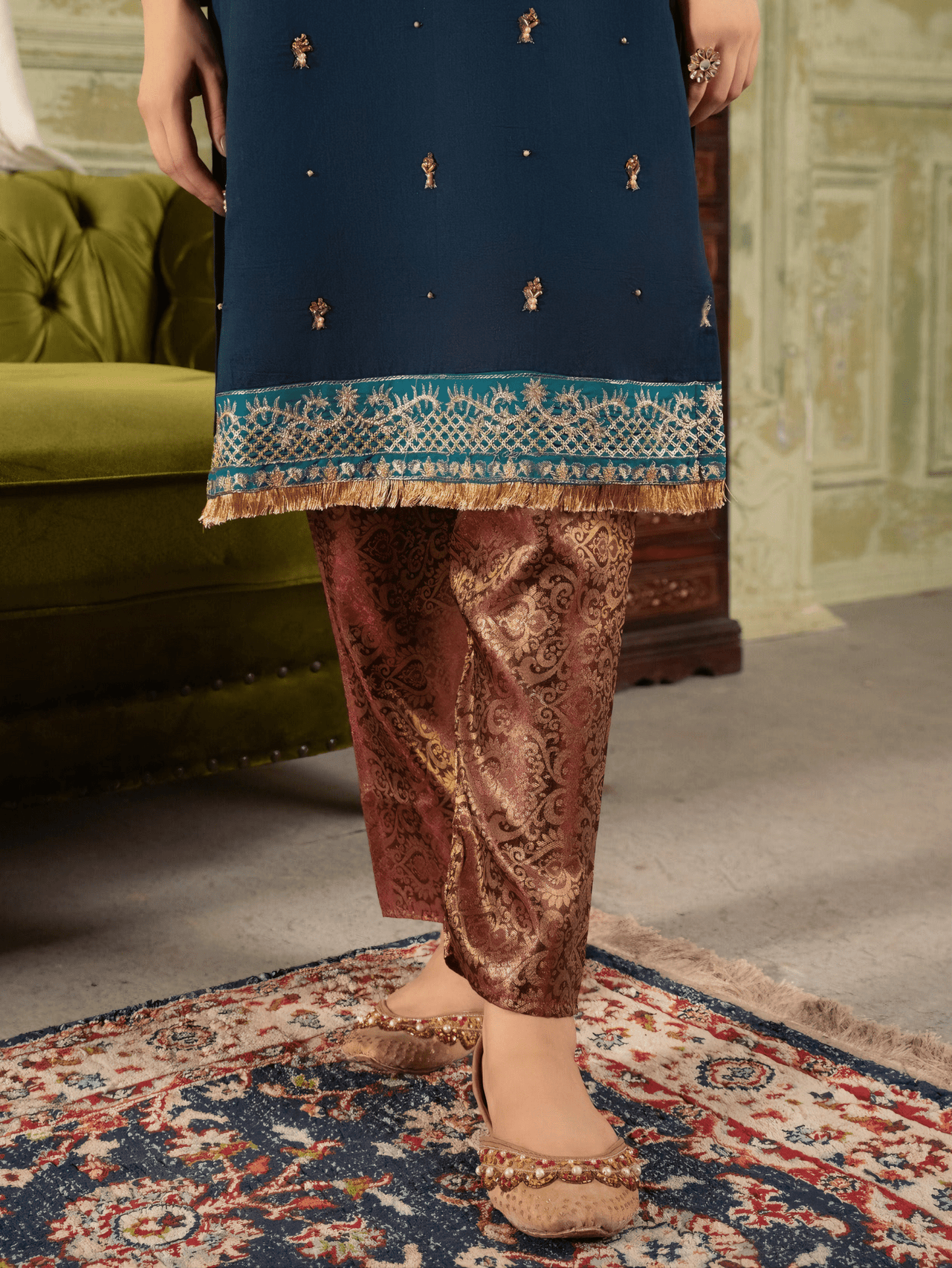 Afreen – Navy Blue Banarasi & Khaddi Net Embroidered Ensemble - Qalbi Loom