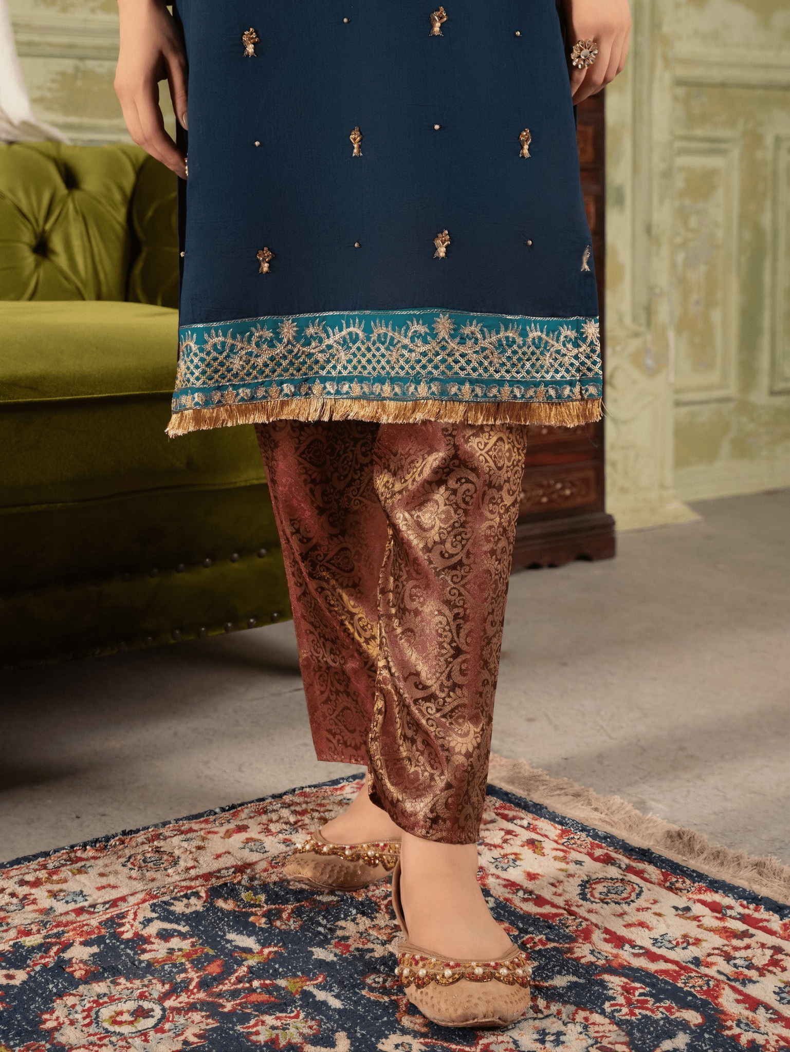 Afreen – Navy Blue Banarasi & Khaddi Net Embroidered Ensemble - Qalbi Loom