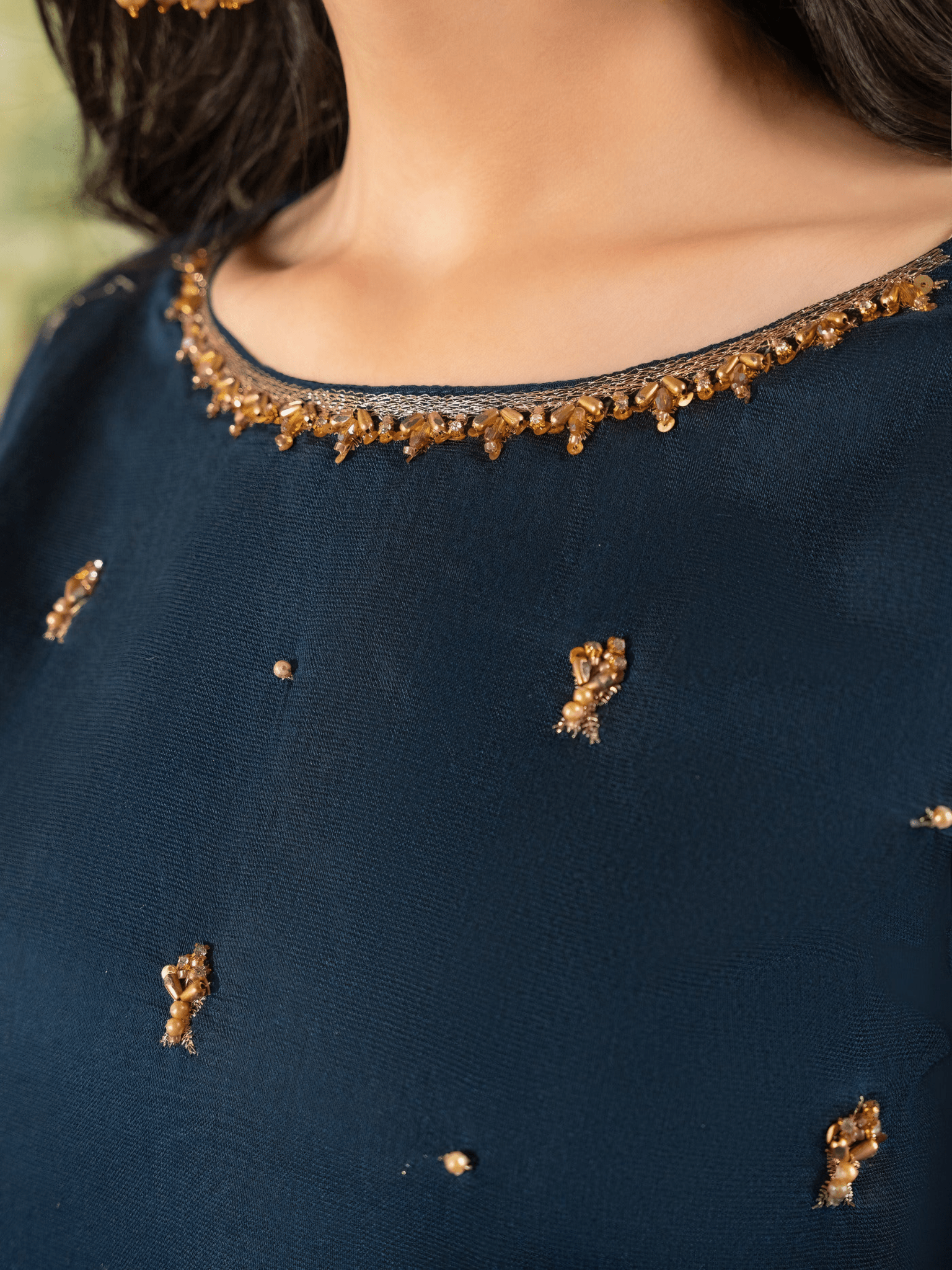 Afreen – Navy Blue Banarasi & Khaddi Net Embroidered Ensemble - Qalbi Loom