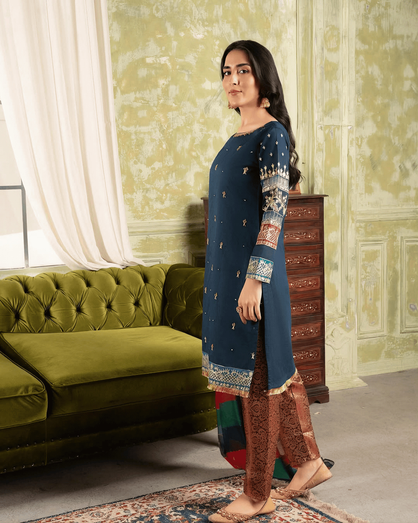 Afreen – Navy Blue Banarasi & Khaddi Net Embroidered Ensemble - Qalbi Loom