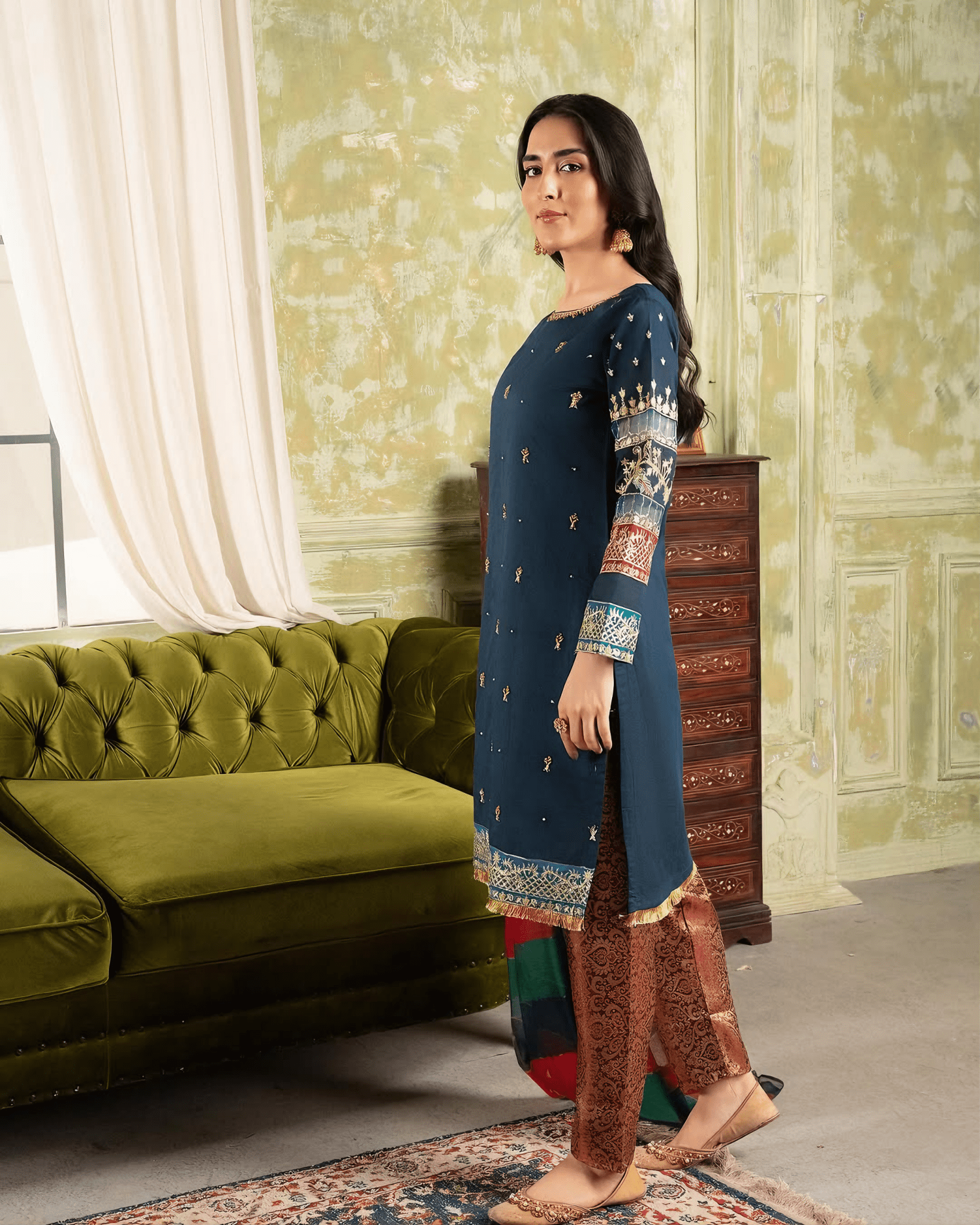 Afreen – Navy Blue Banarasi & Khaddi Net Embroidered Ensemble - Qalbi Loom