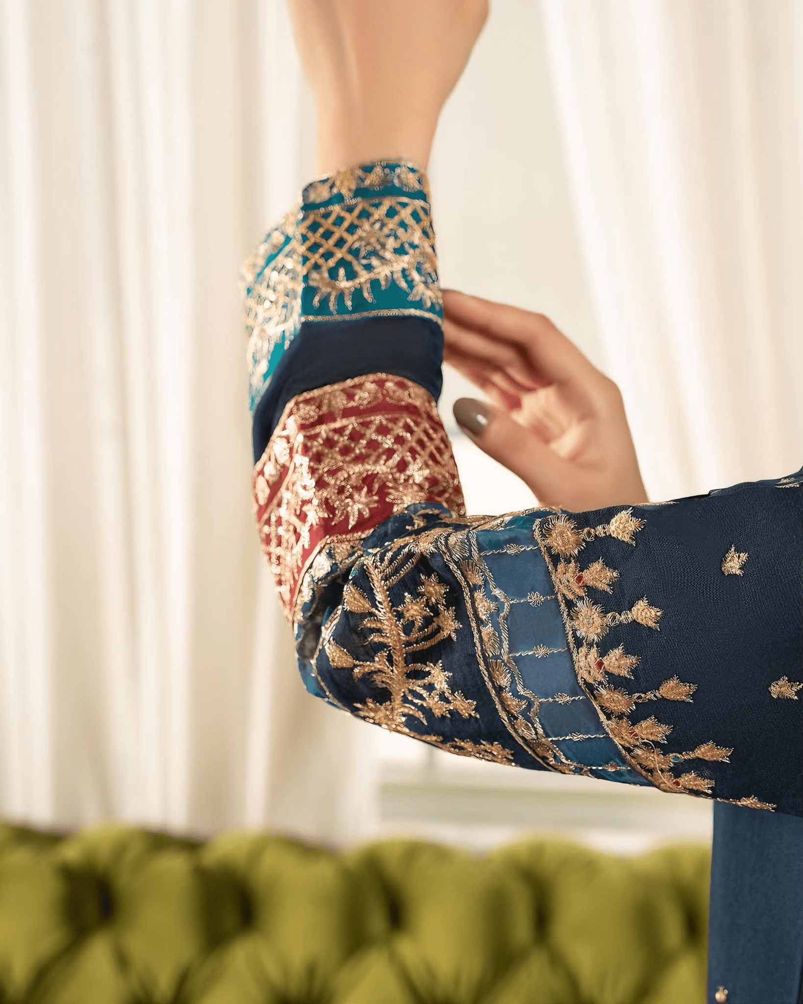 Afreen – Navy Blue Banarasi & Khaddi Net Embroidered Ensemble - Qalbi Loom