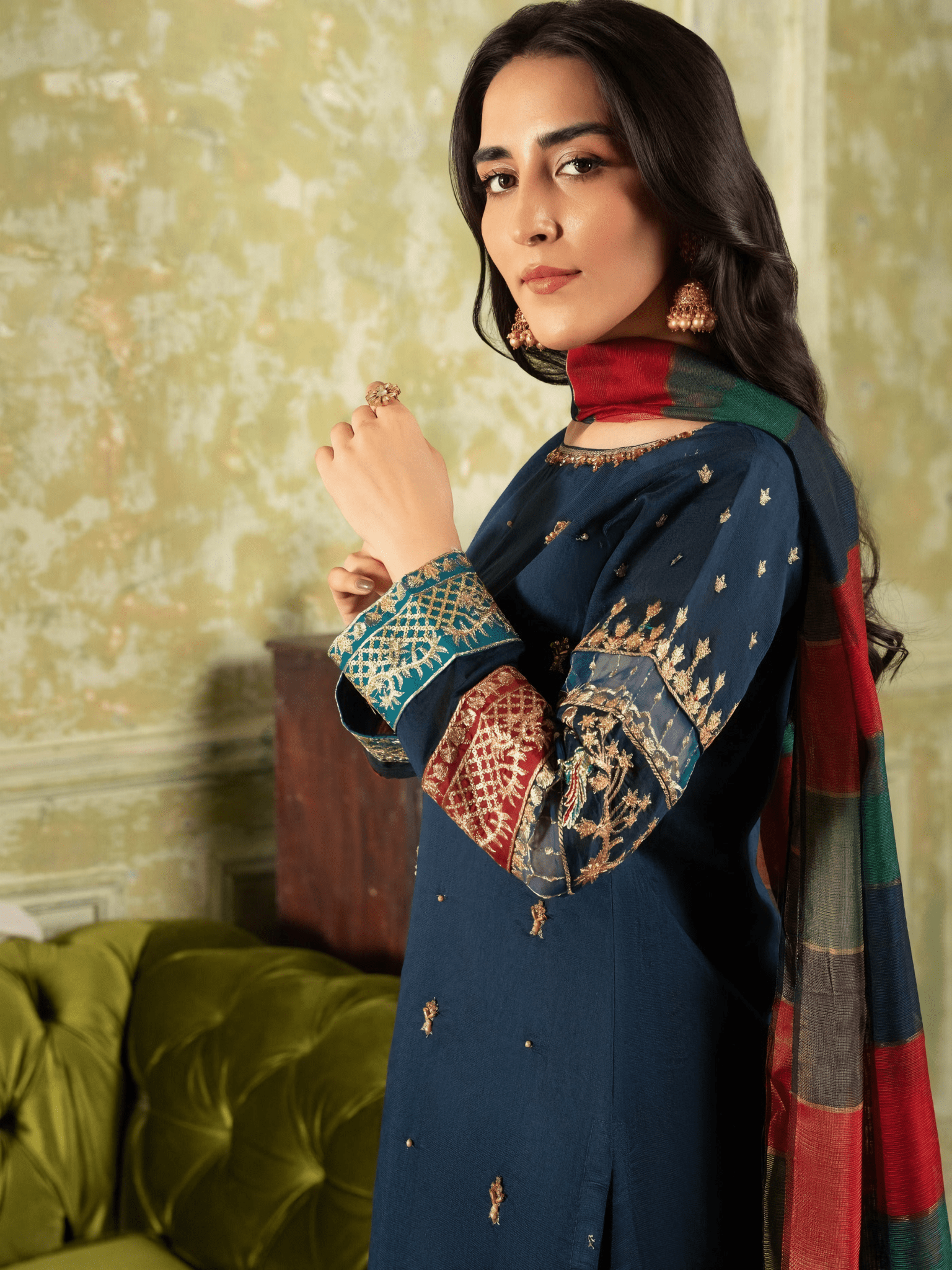 Afreen – Navy Blue Banarasi & Khaddi Net Embroidered Ensemble - Qalbi Loom