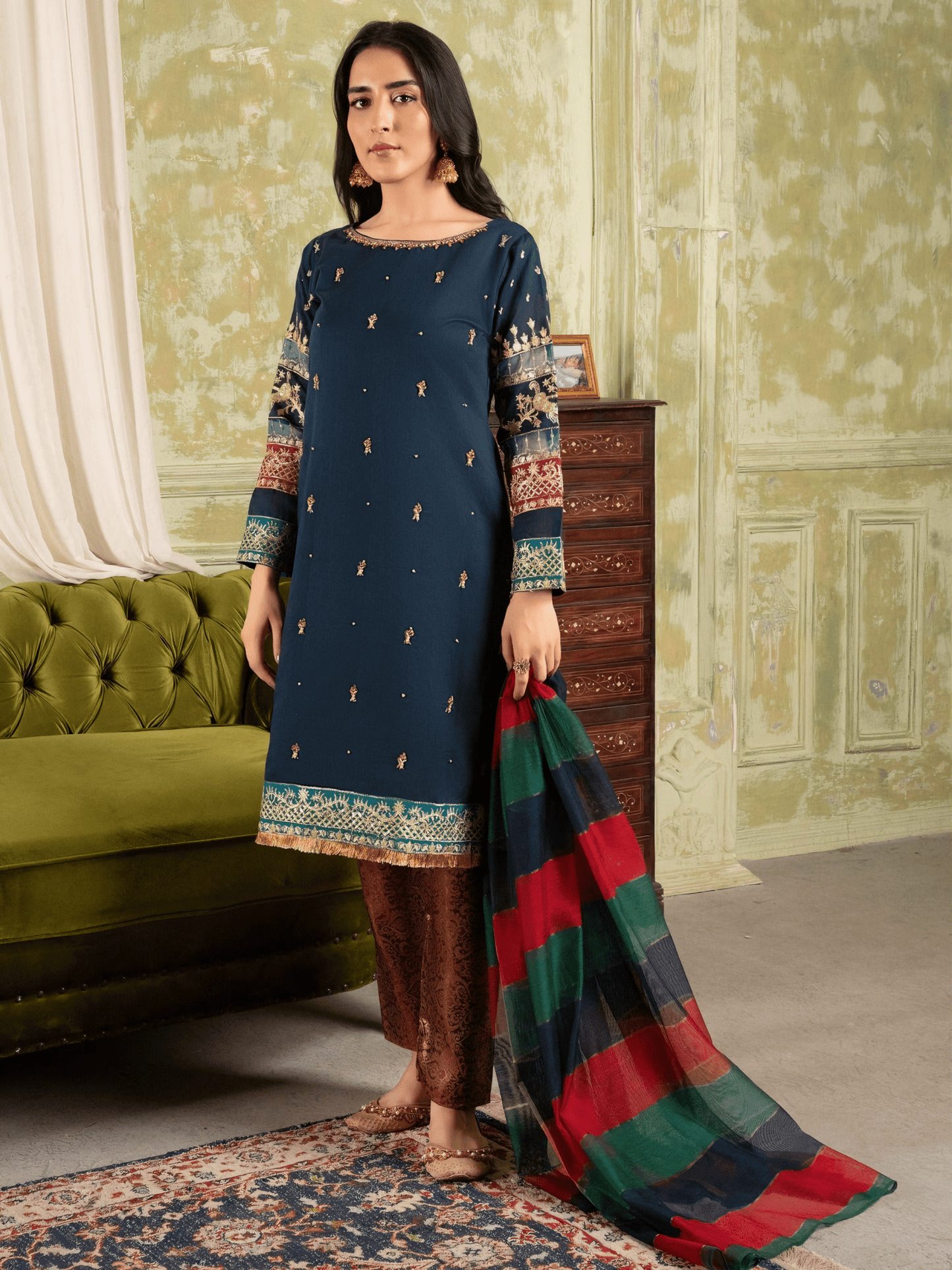 Afreen – Navy Blue Banarasi & Khaddi Net Embroidered Ensemble - Qalbi Loom