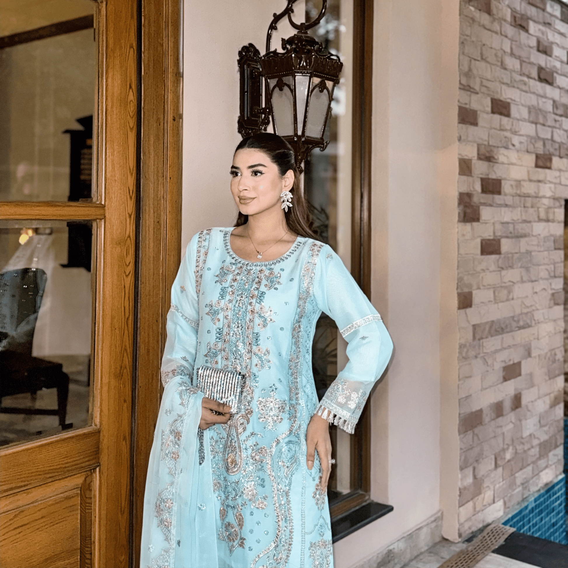 Aiman Ice Blue - Regal Embroidered Chiffon Kurta Set - Qalbi Loom