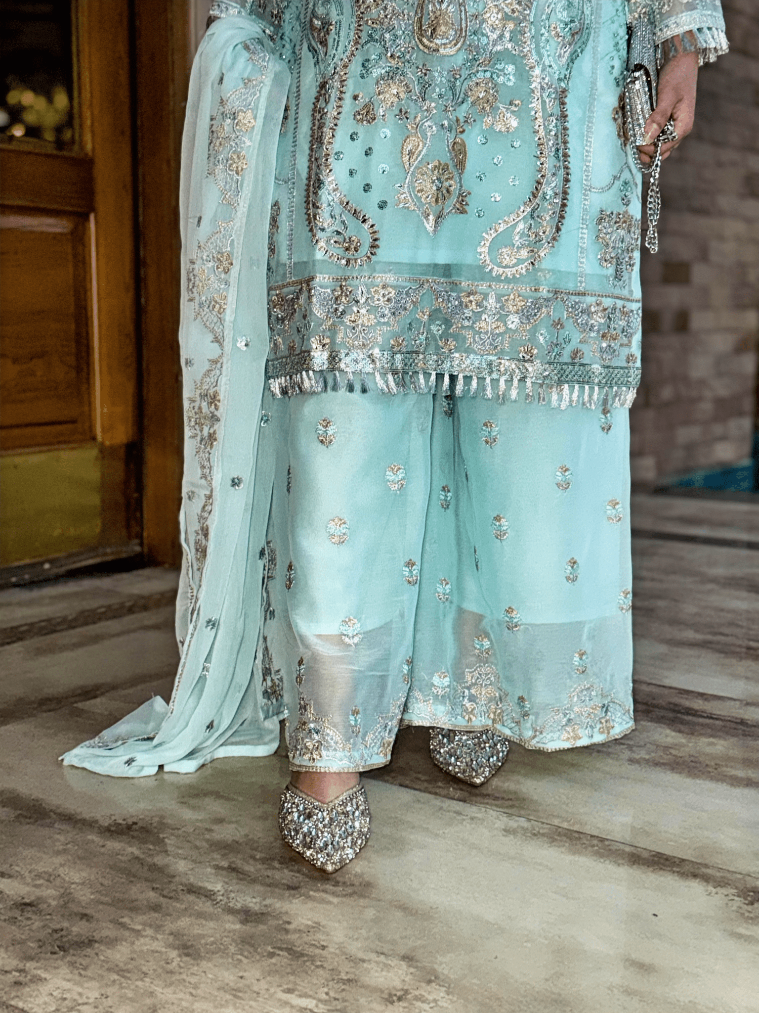 Aiman Ice Blue - Regal Embroidered Chiffon Kurta Set - Qalbi Loom