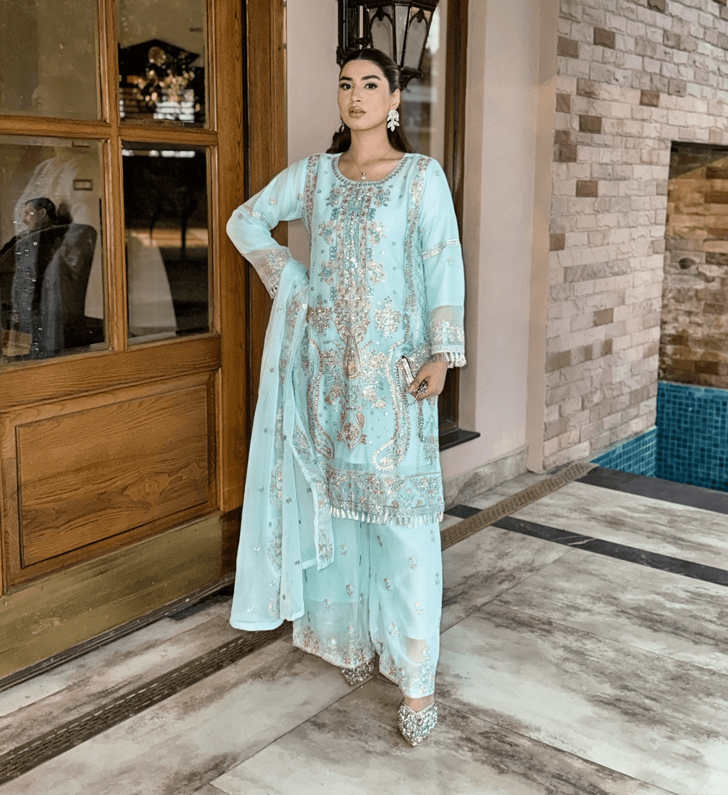Aiman Ice Blue - Regal Embroidered Chiffon Kurta Set - Qalbi Loom