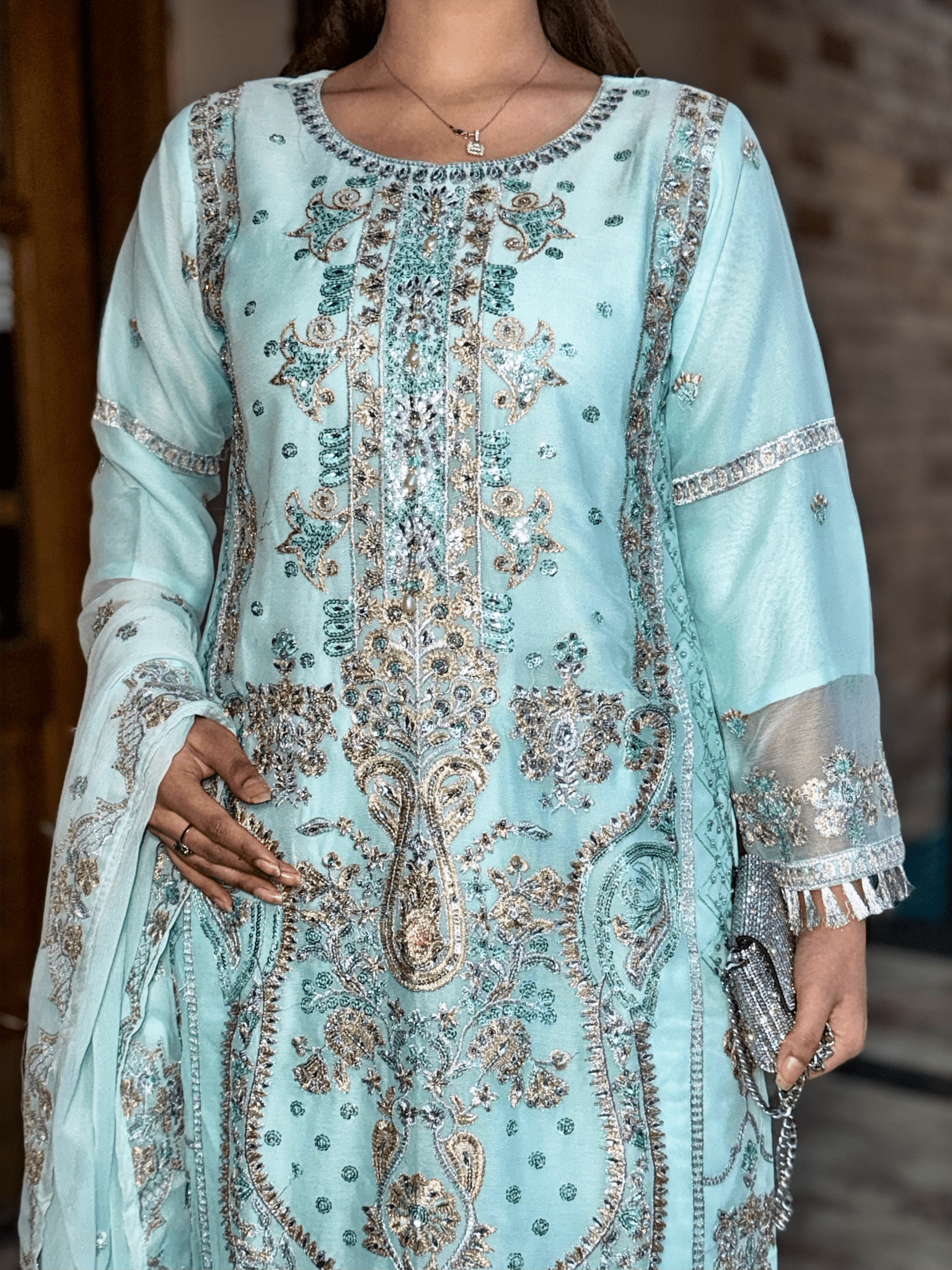 Aiman Ice Blue - Regal Embroidered Chiffon Kurta Set - Qalbi Loom