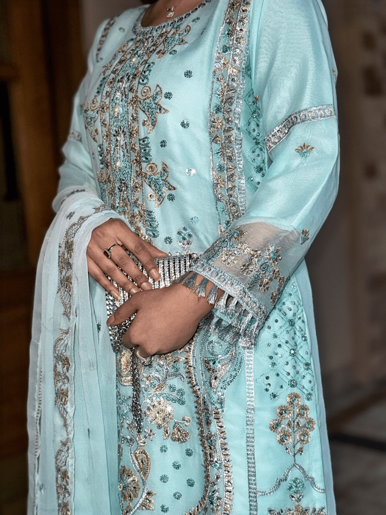 Aiman Ice Blue - Regal Embroidered Chiffon Kurta Set - Qalbi Loom