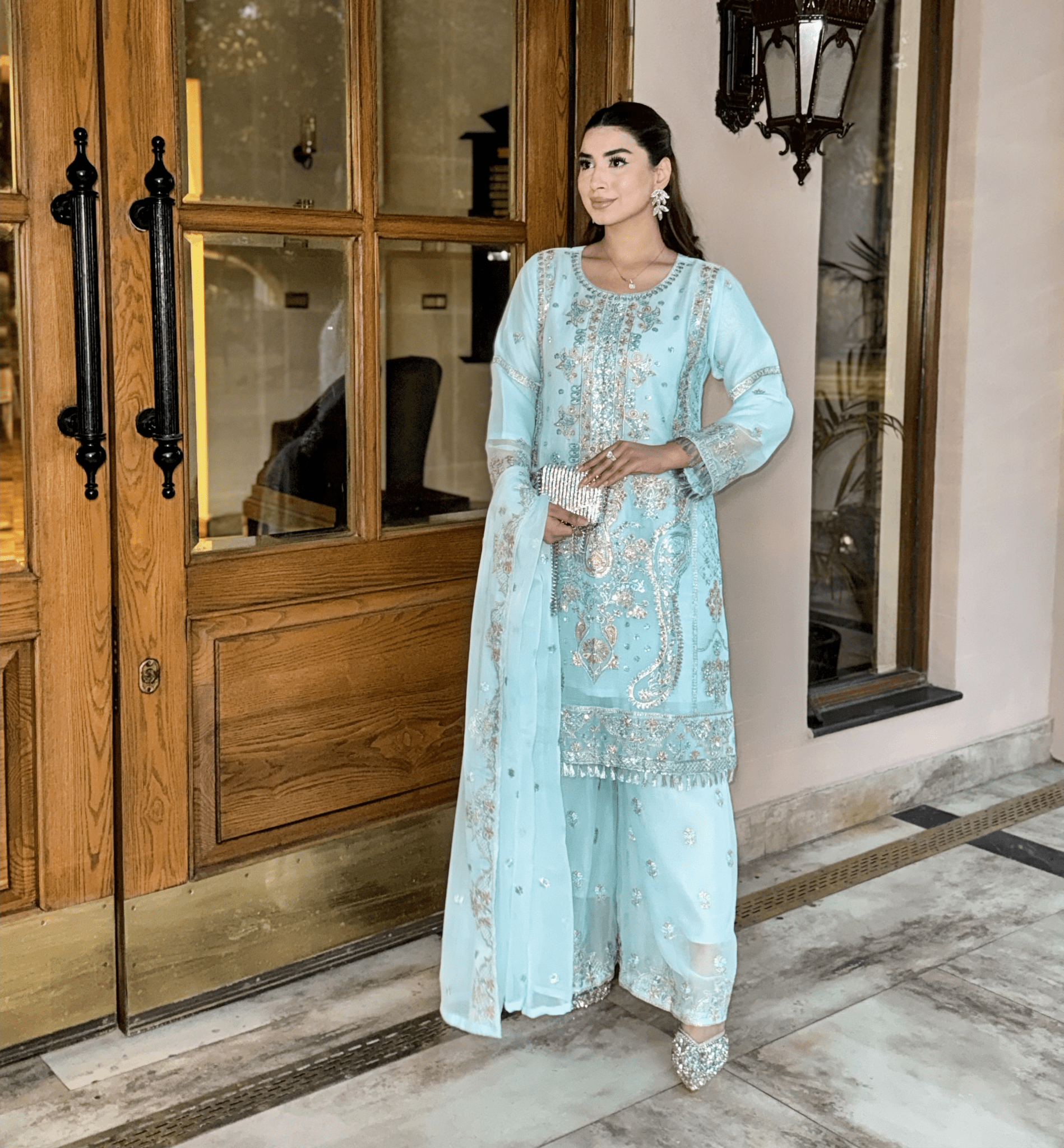 Aiman Ice Blue - Regal Embroidered Chiffon Kurta Set - Qalbi Loom
