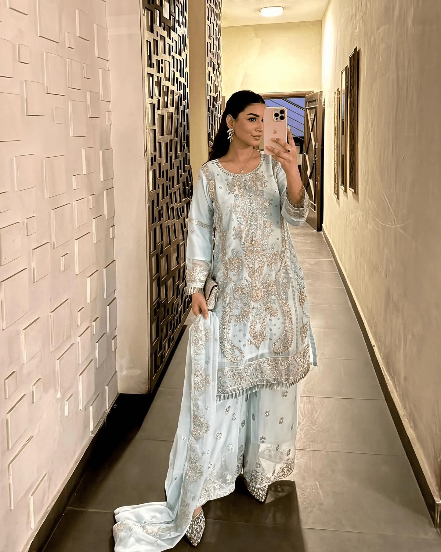 Aiman Ice Blue - Regal Embroidered Chiffon Kurta Set - Qalbi Loom