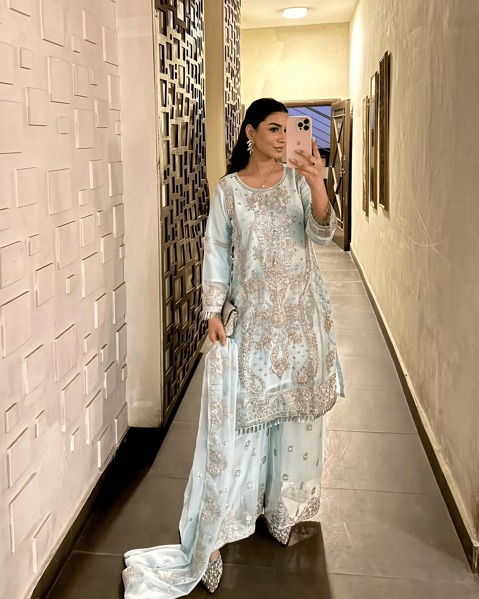 Aiman Ice Blue - Regal Embroidered Chiffon Kurta Set - Qalbi Loom