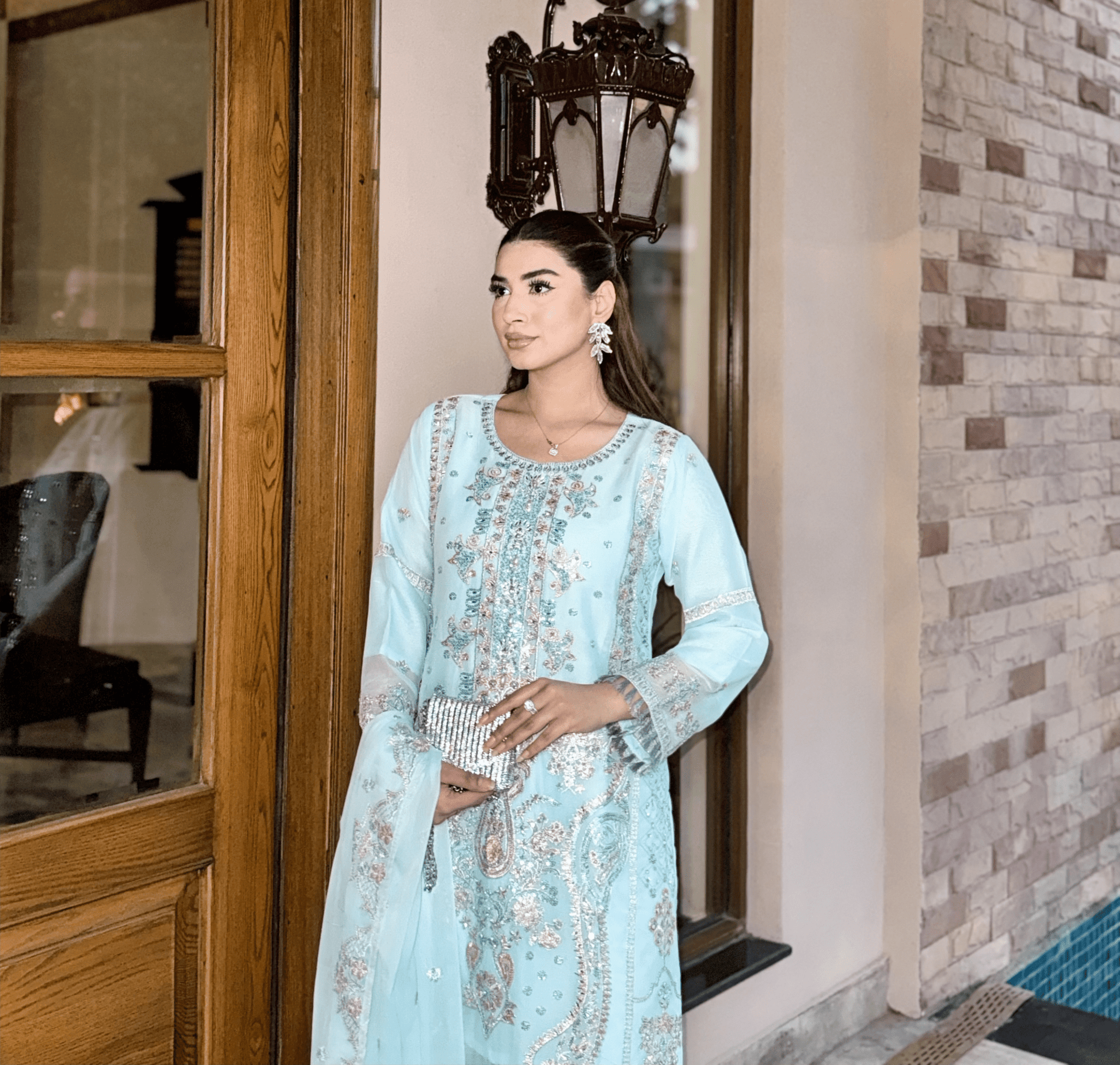 Aiman Ice Blue - Regal Embroidered Chiffon Kurta Set - Qalbi Loom