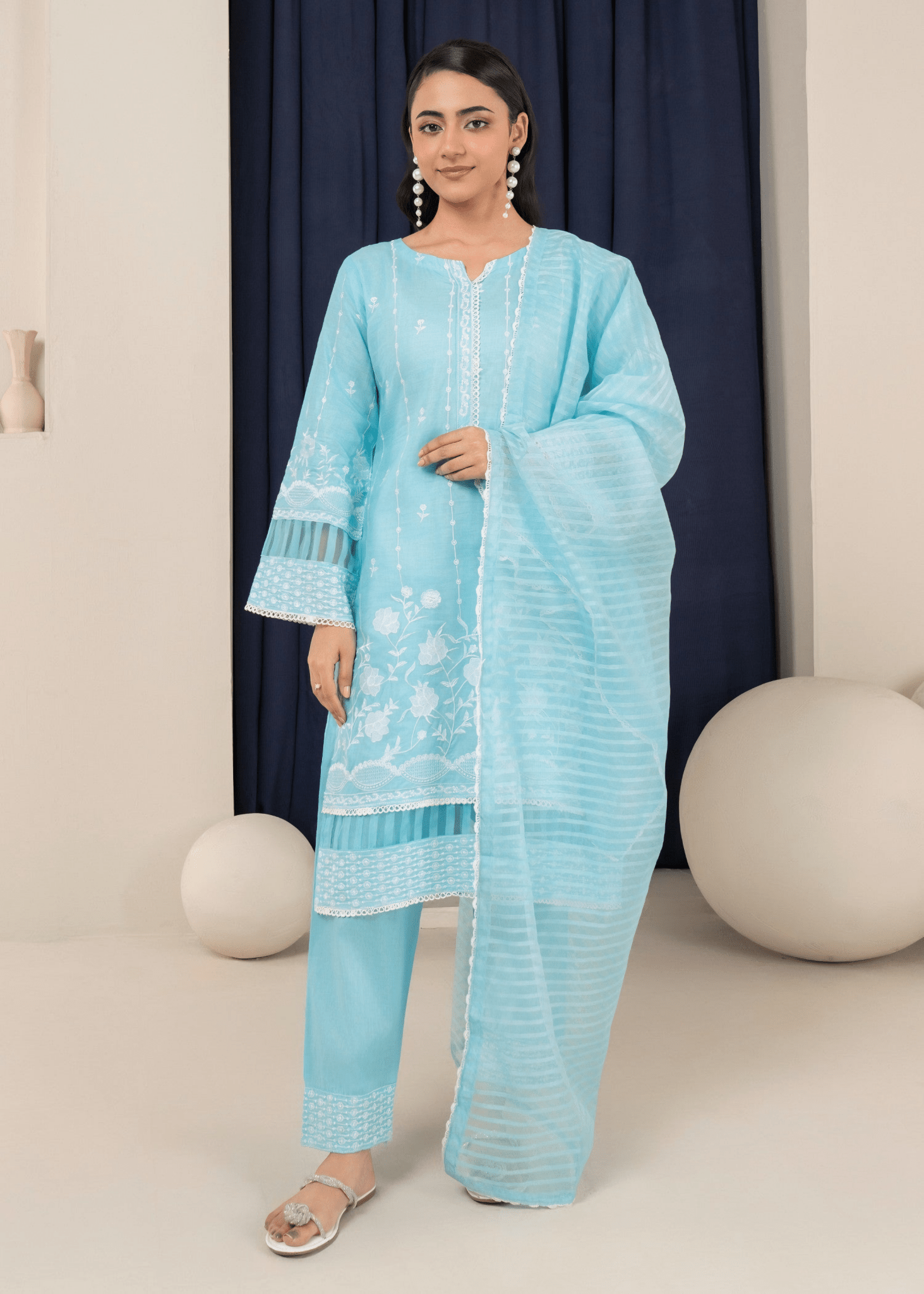 Azure Serenity - Embroidered Cotton Elegance - Qalbi Loom