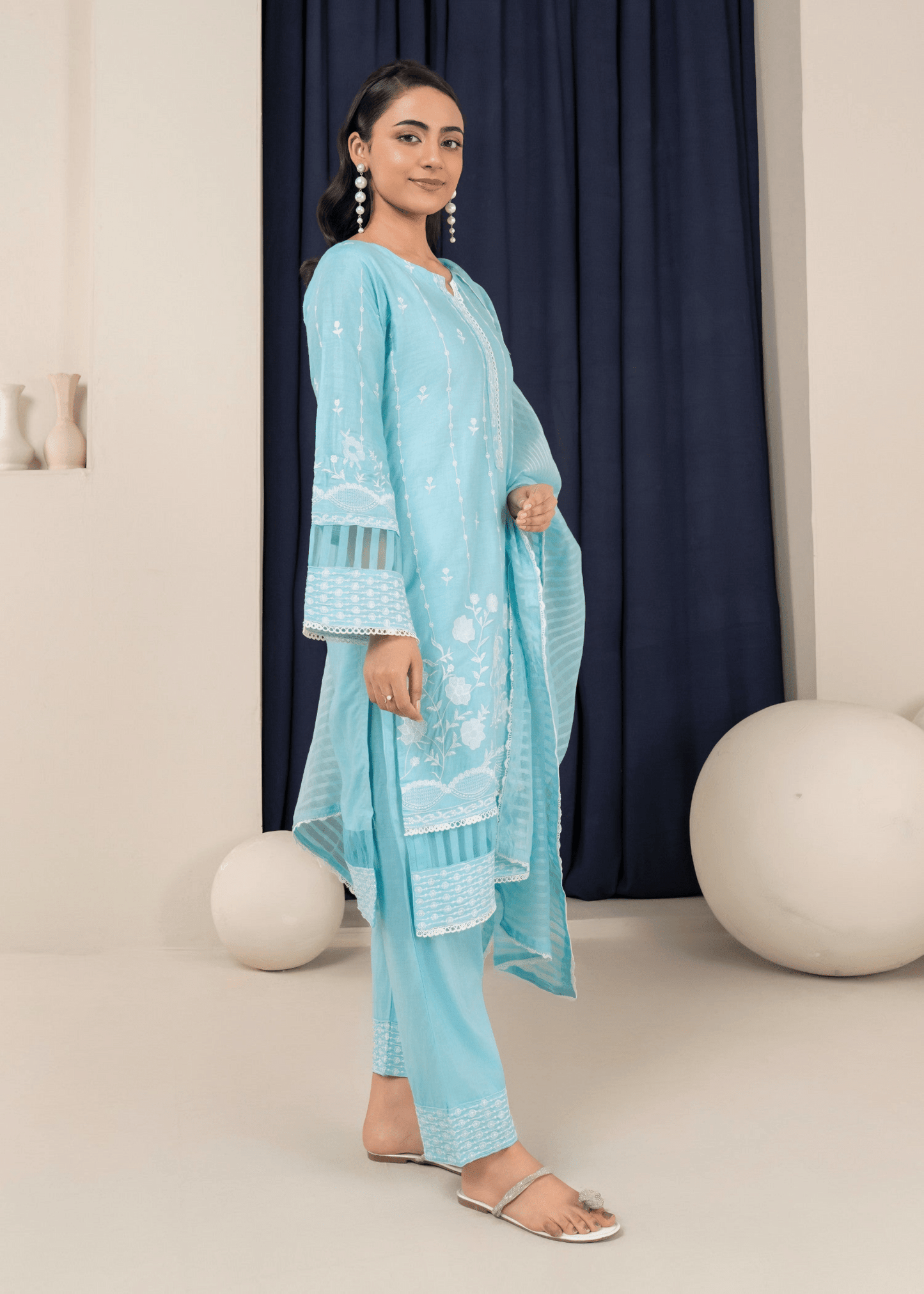 Azure Serenity - Embroidered Cotton Elegance - Qalbi Loom