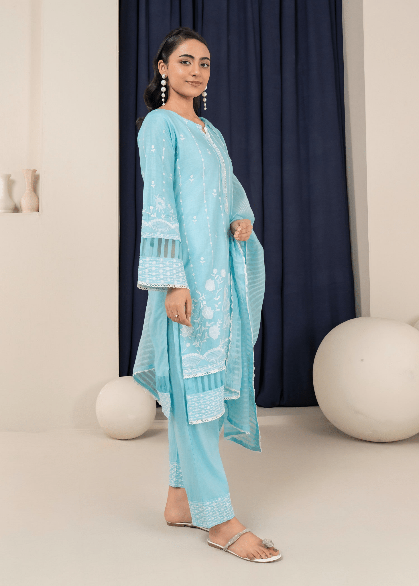 Azure Serenity - Embroidered Cotton Elegance - Qalbi Loom