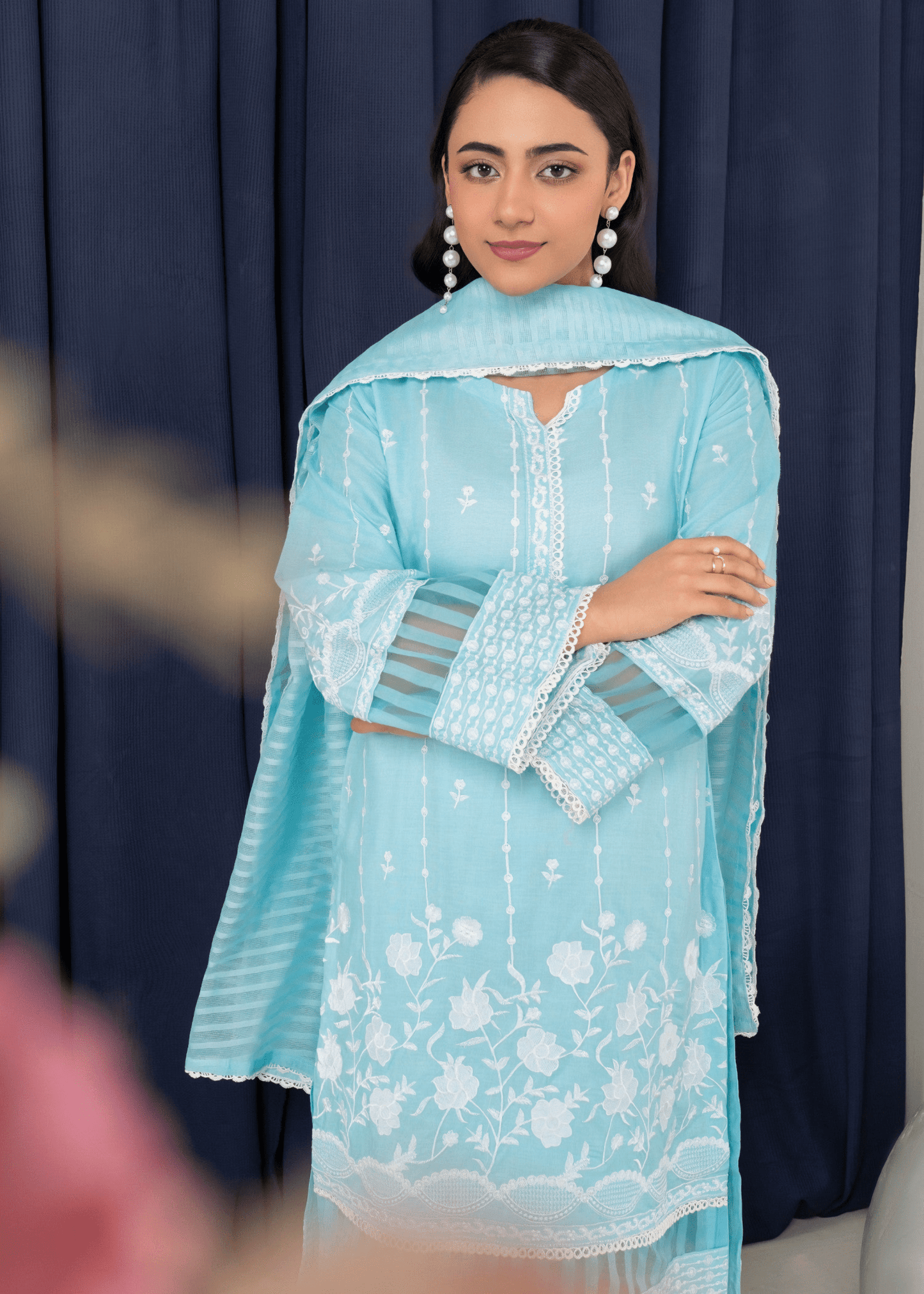 Azure Serenity - Embroidered Cotton Elegance - Qalbi Loom