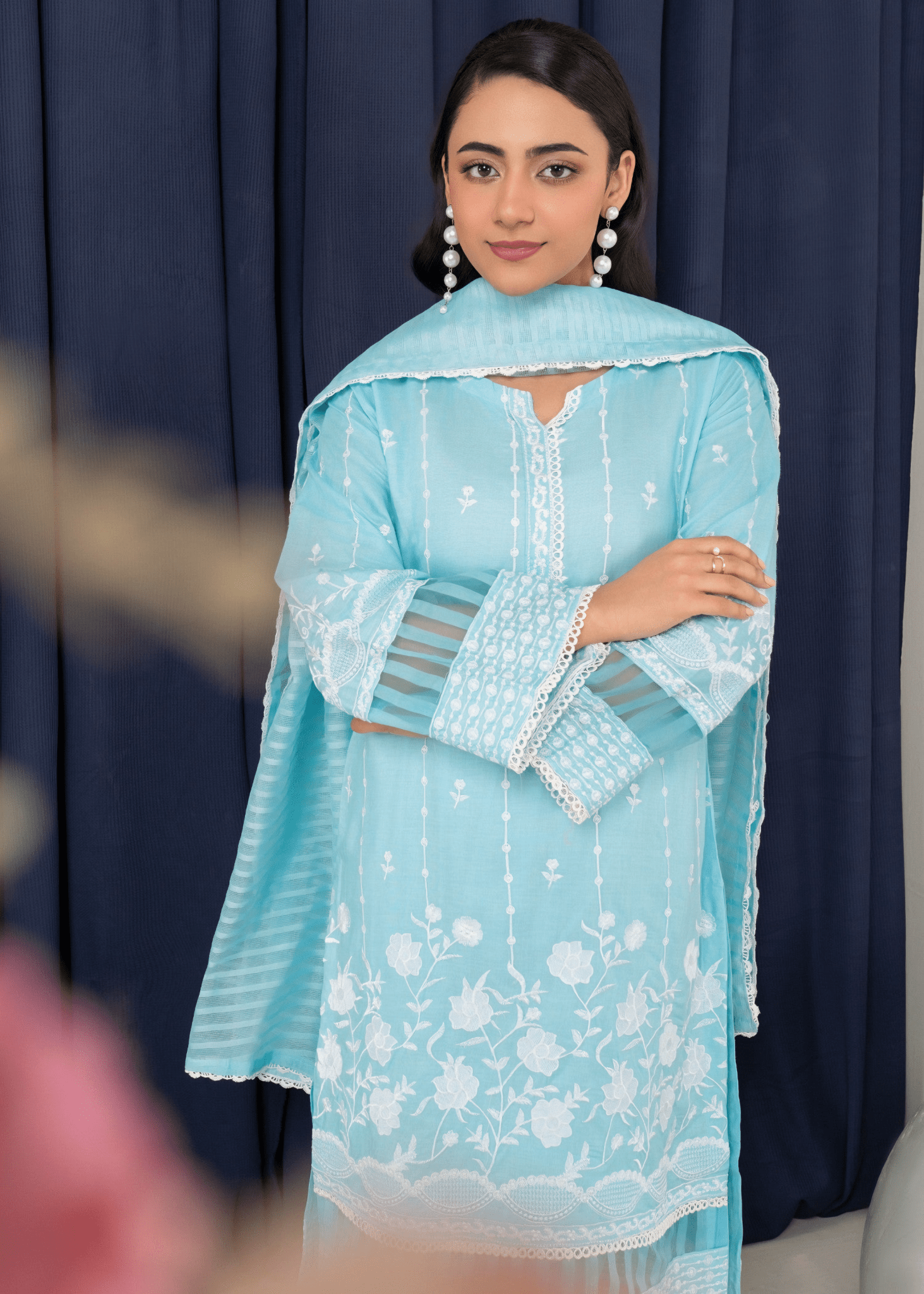 Azure Serenity - Embroidered Cotton Elegance - Qalbi Loom