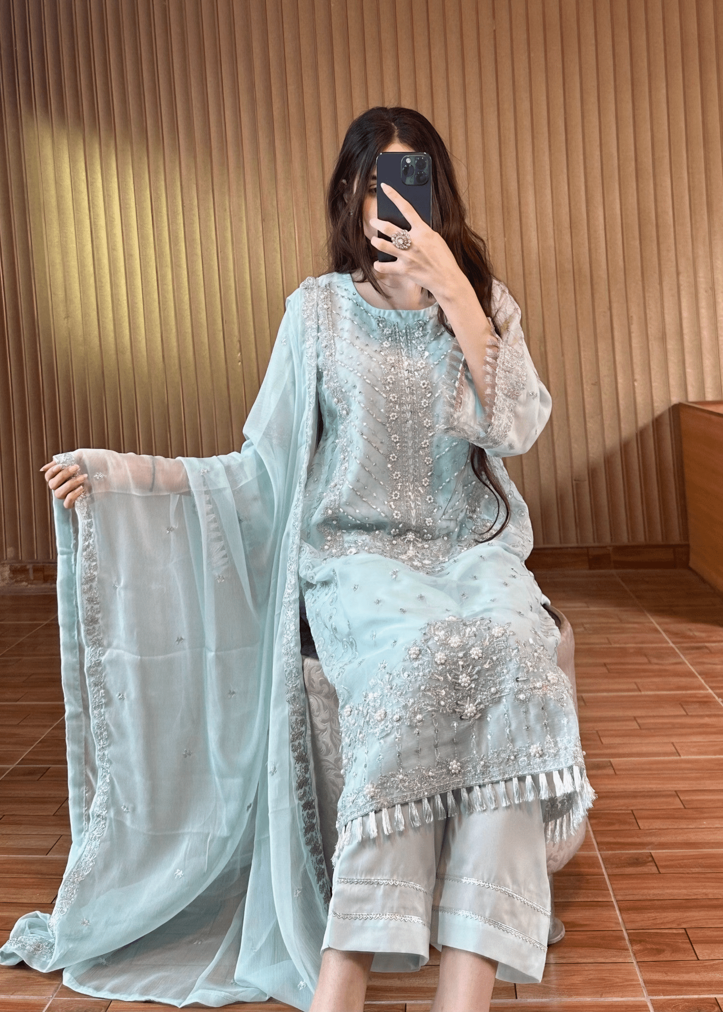 Celeste Luxe – Ice Blue Embroidered Chiffon Ensemble - Qalbi Loom