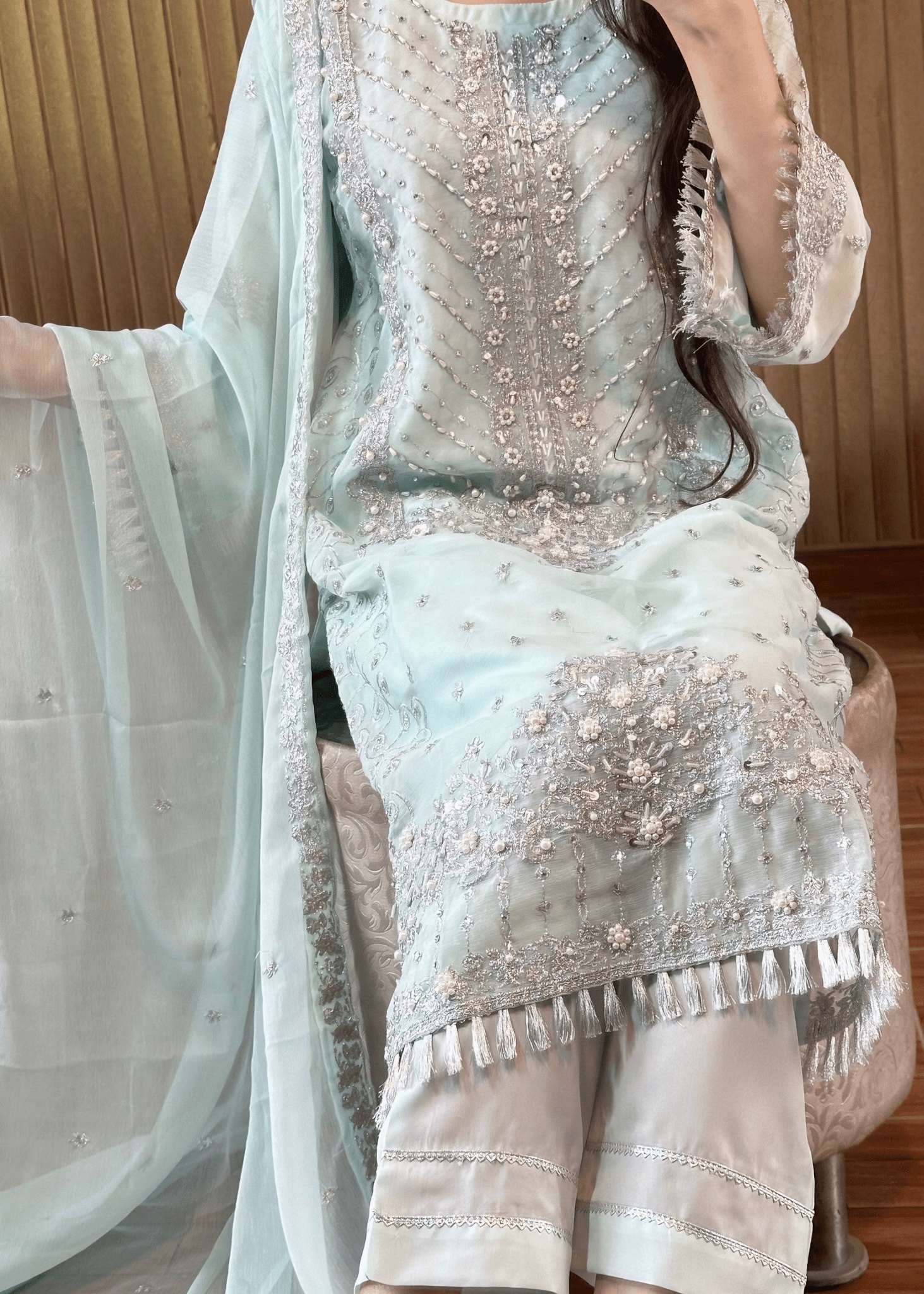 Celeste Luxe – Ice Blue Embroidered Chiffon Ensemble - Qalbi Loom