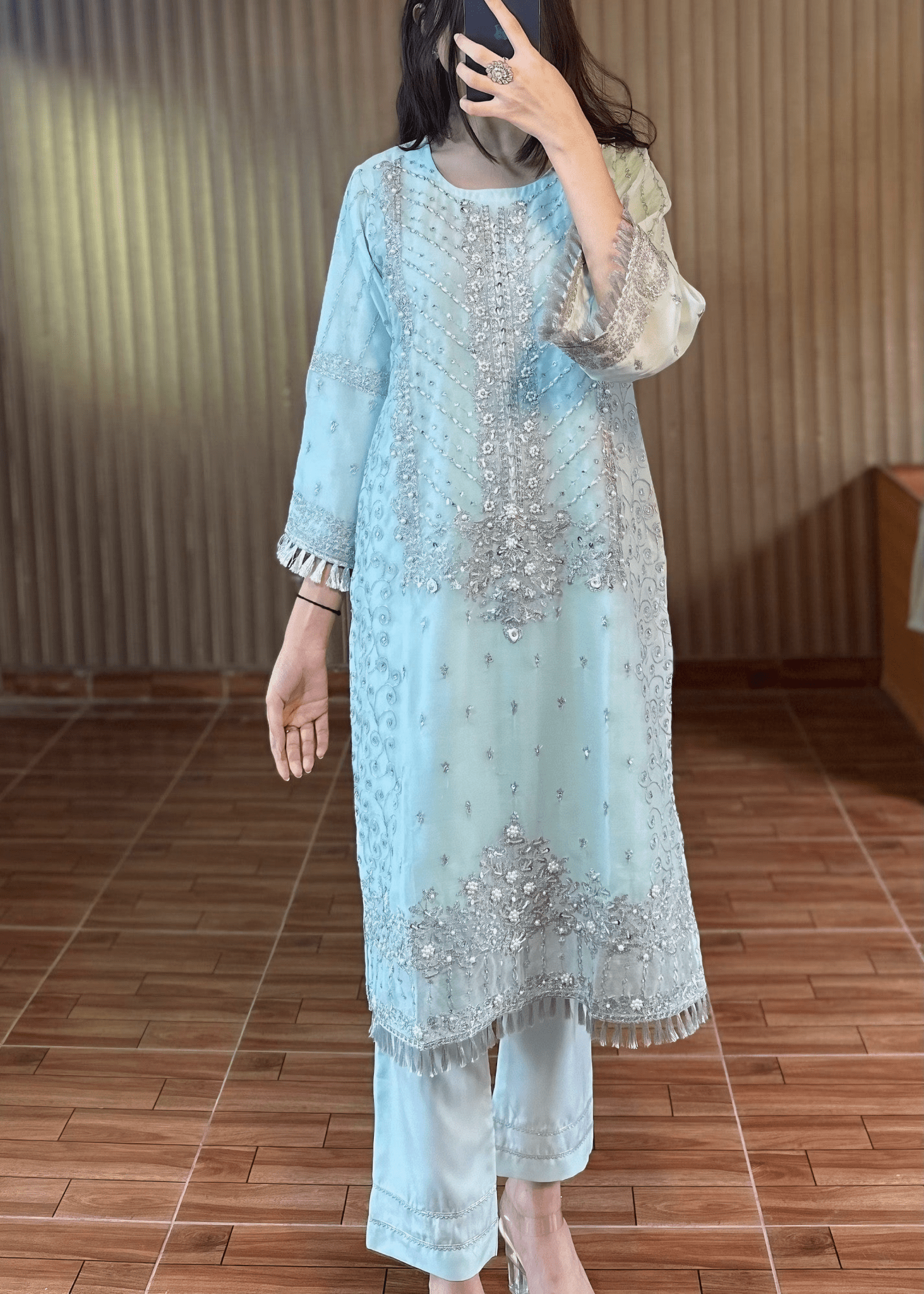Celeste Luxe – Ice Blue Embroidered Chiffon Ensemble - Qalbi Loom