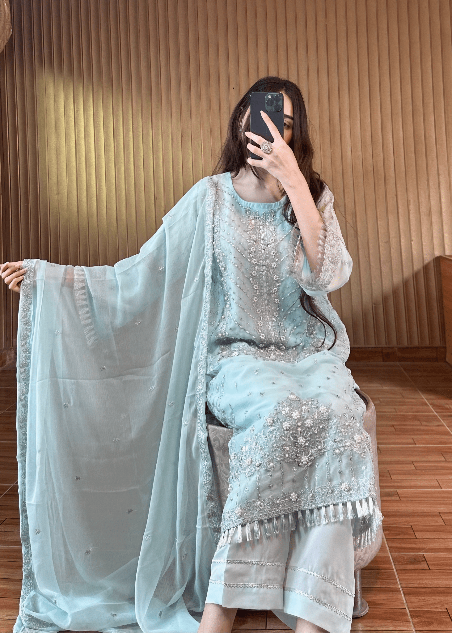 Celeste Luxe – Ice Blue Embroidered Chiffon Ensemble - Qalbi Loom