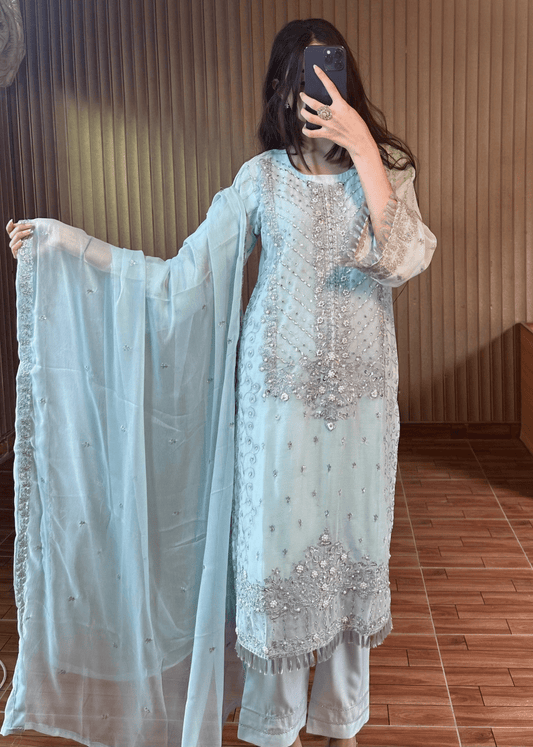 Celeste Luxe – Ice Blue Embroidered Chiffon Ensemble - Qalbi Loom
