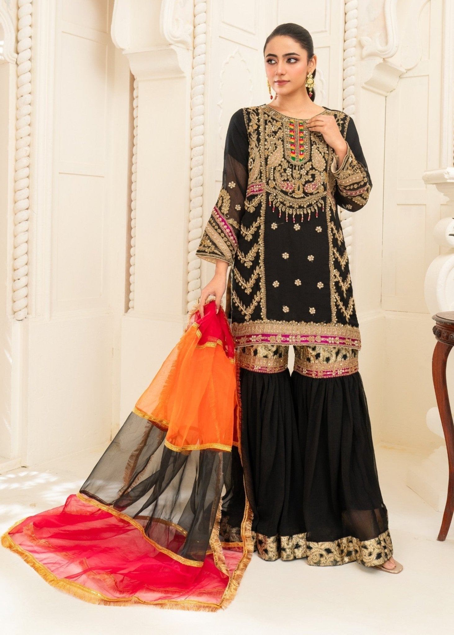 Dur - e - Fishan Luxe Gharara – Midnight Majesty - Qalbi Loom