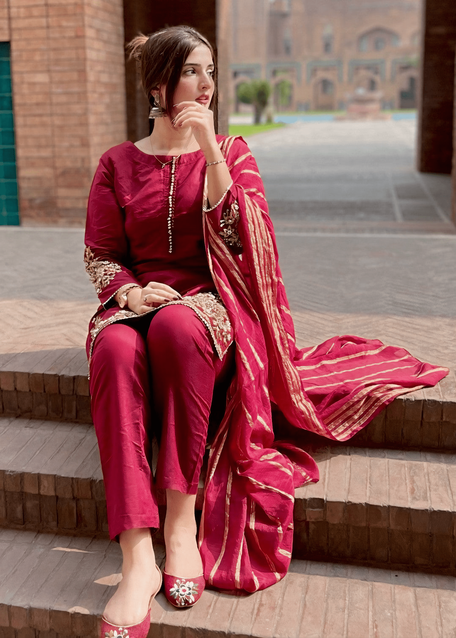 Elara – Crimson Luxe Embroidered Karandi Suit - Qalbi Loom