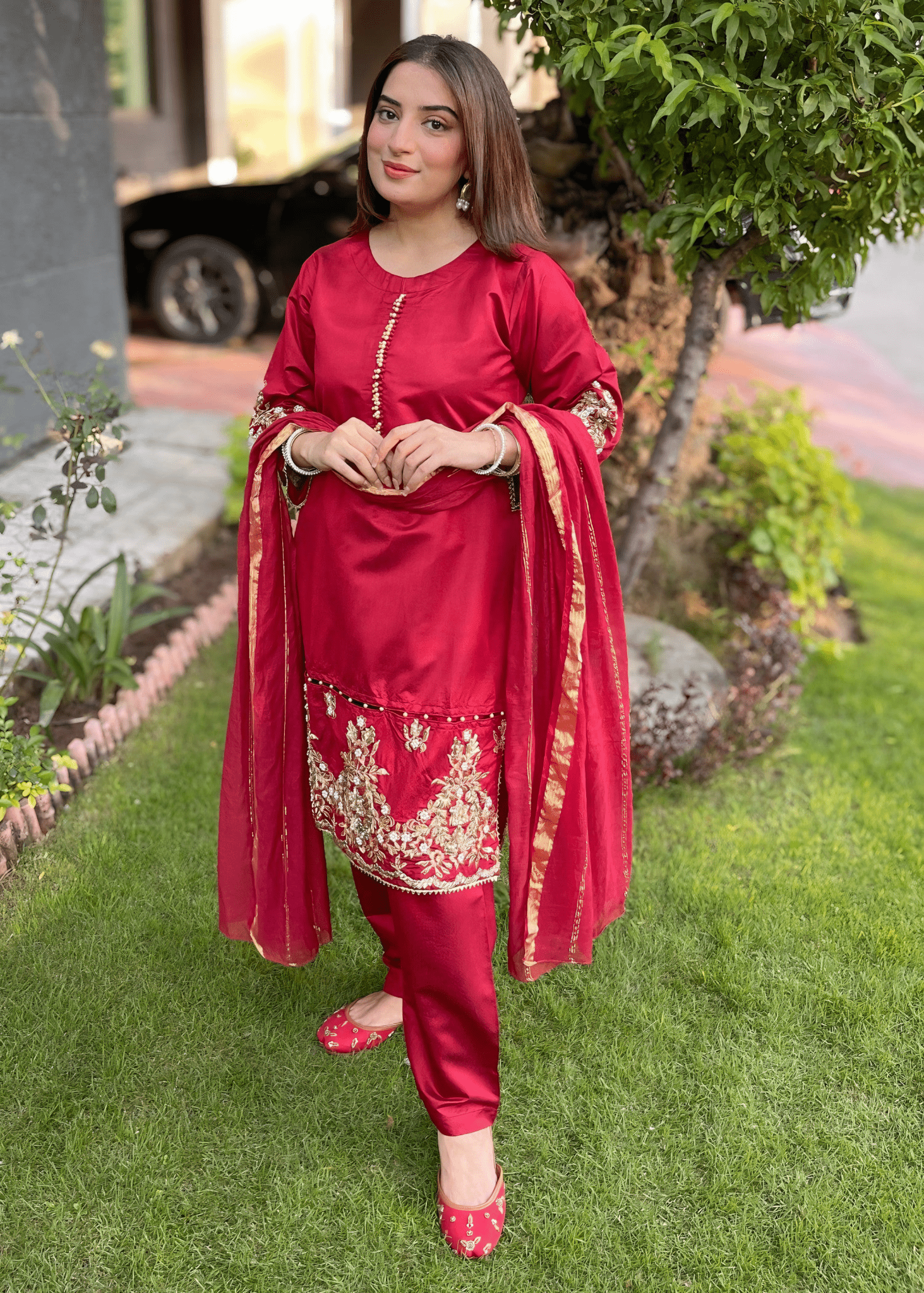 Elara – Crimson Luxe Embroidered Karandi Suit - Qalbi Loom