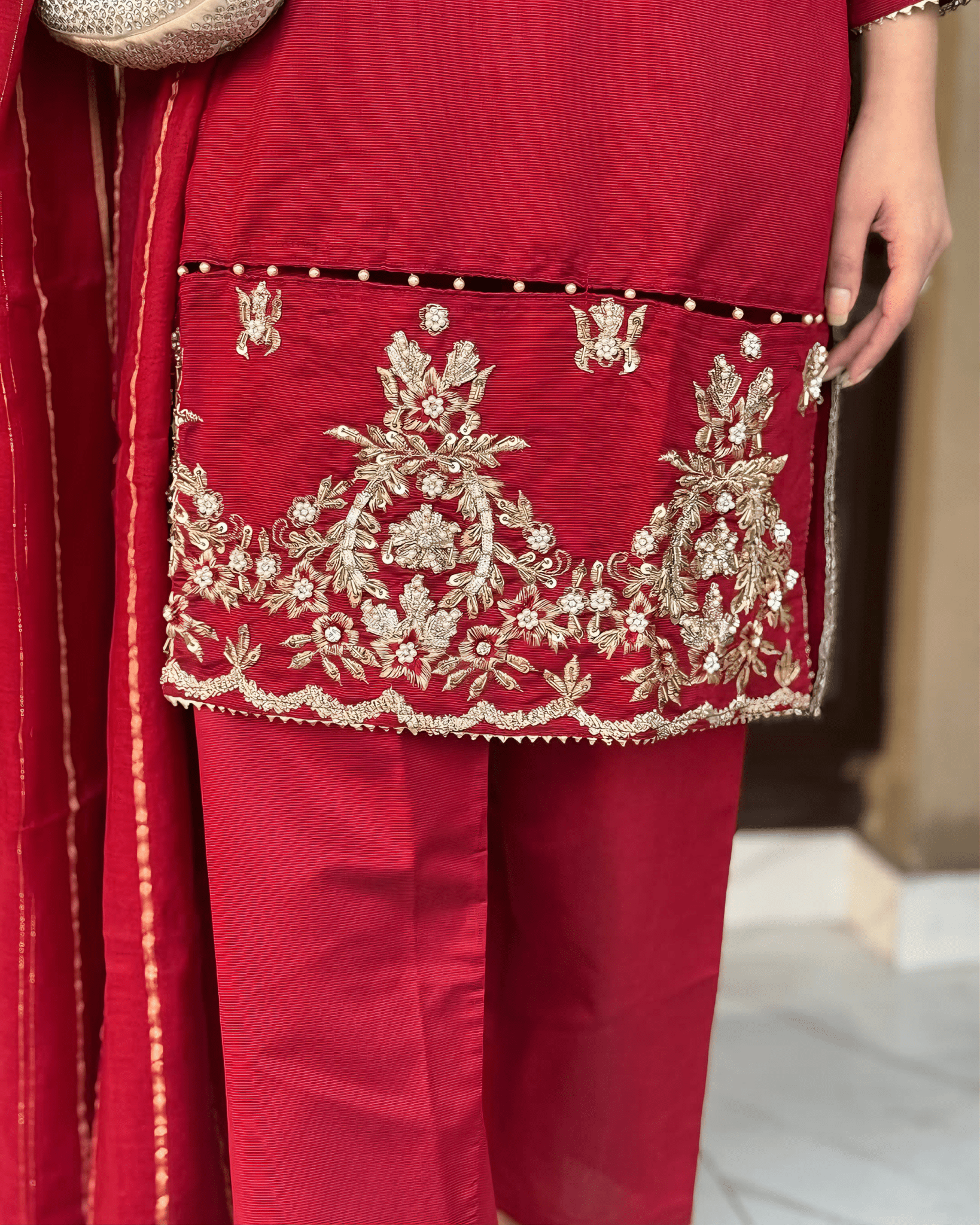 Elara – Crimson Luxe Embroidered Karandi Suit - Qalbi Loom
