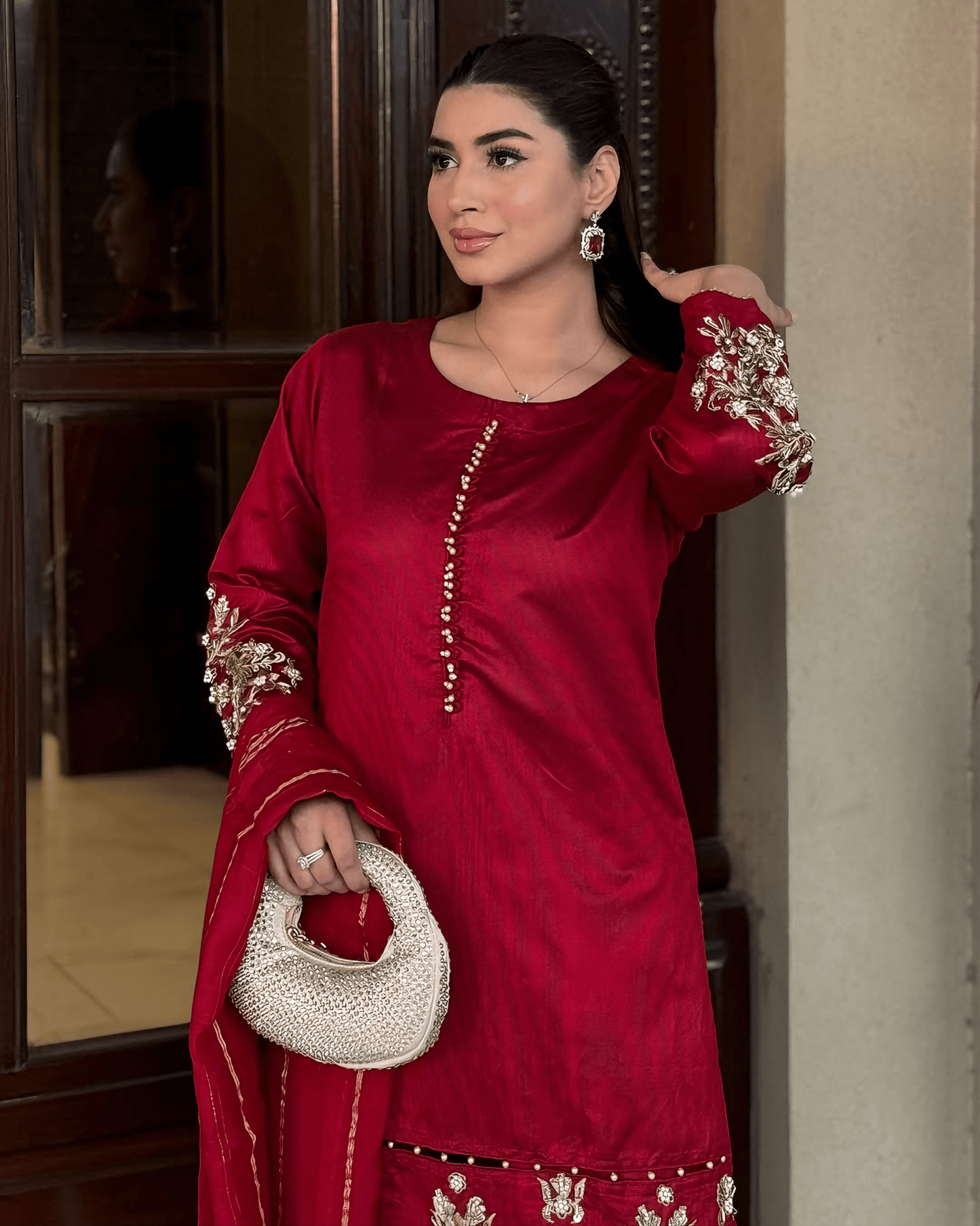 Elara – Crimson Luxe Embroidered Karandi Suit - Qalbi Loom