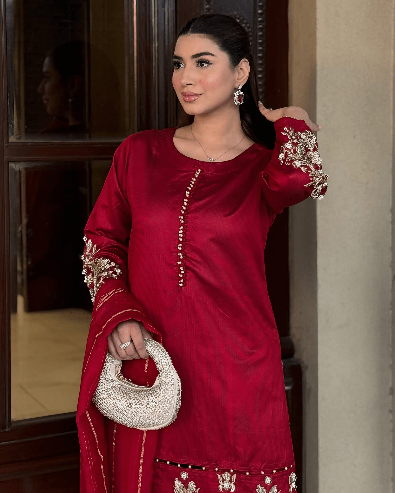Elara – Crimson Luxe Embroidered Karandi Suit - Qalbi Loom