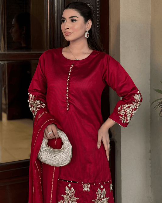 Elara – Crimson Luxe Embroidered Karandi Suit - Qalbi Loom