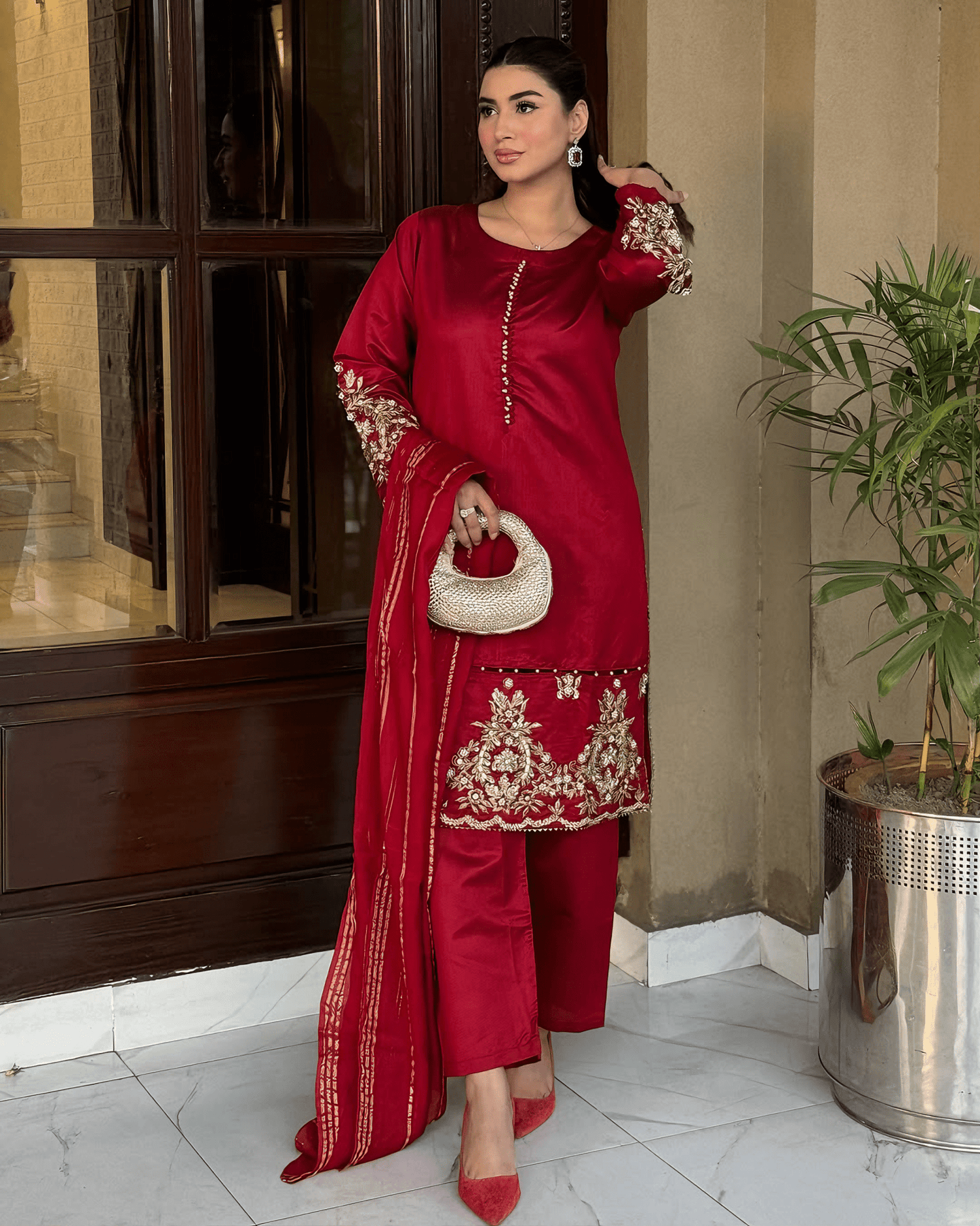 Elara – Crimson Luxe Embroidered Karandi Suit - Qalbi Loom
