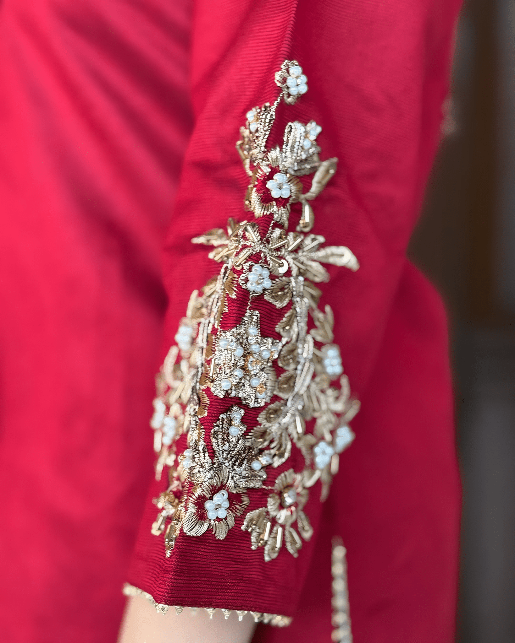 Elara – Crimson Luxe Embroidered Karandi Suit - Qalbi Loom